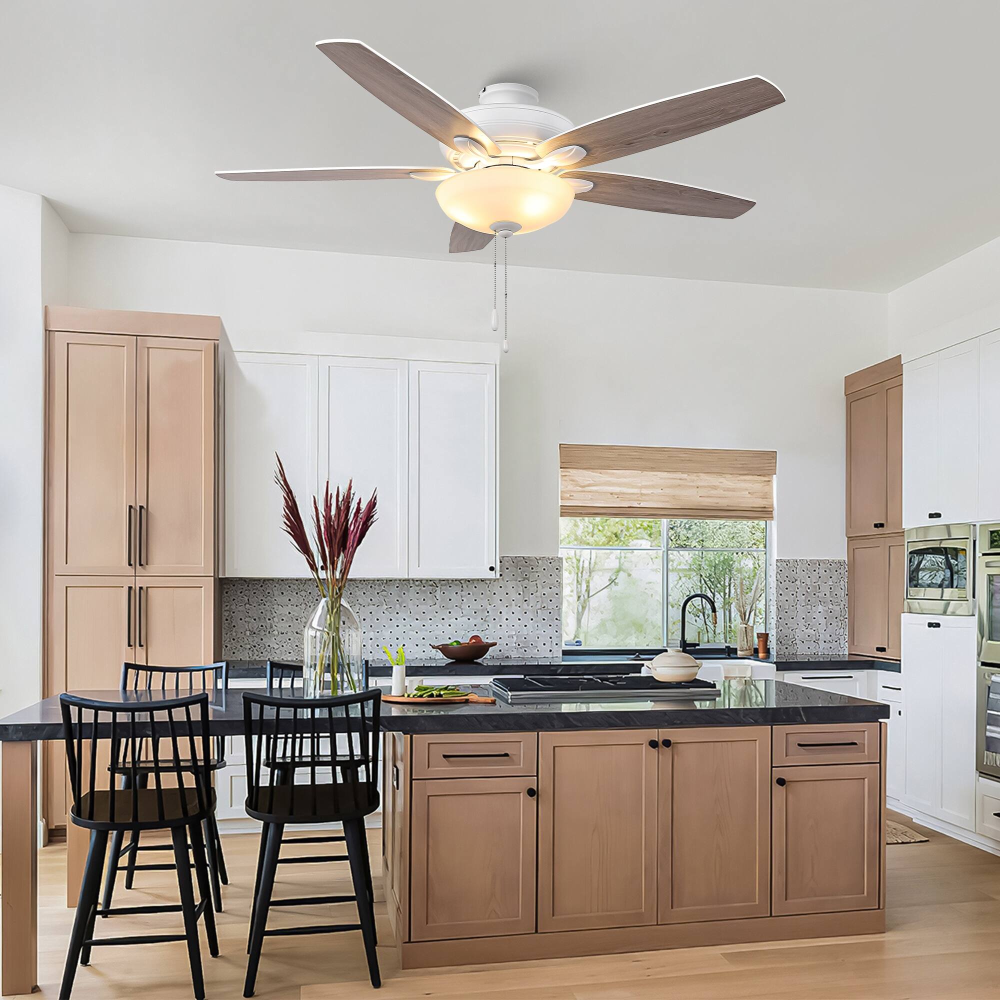 Left. Parrot Uncle - 52" Modern White Dual Mounting Ceiling Fan with Light and Pull Chain - Satin white.