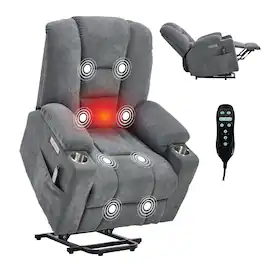 Akoasm - Power Lift Massage Chair with Heat, Overstuffed Wide Recliner Chair, USB and Type C Ports, 2 Cup Holders - Blue Grey