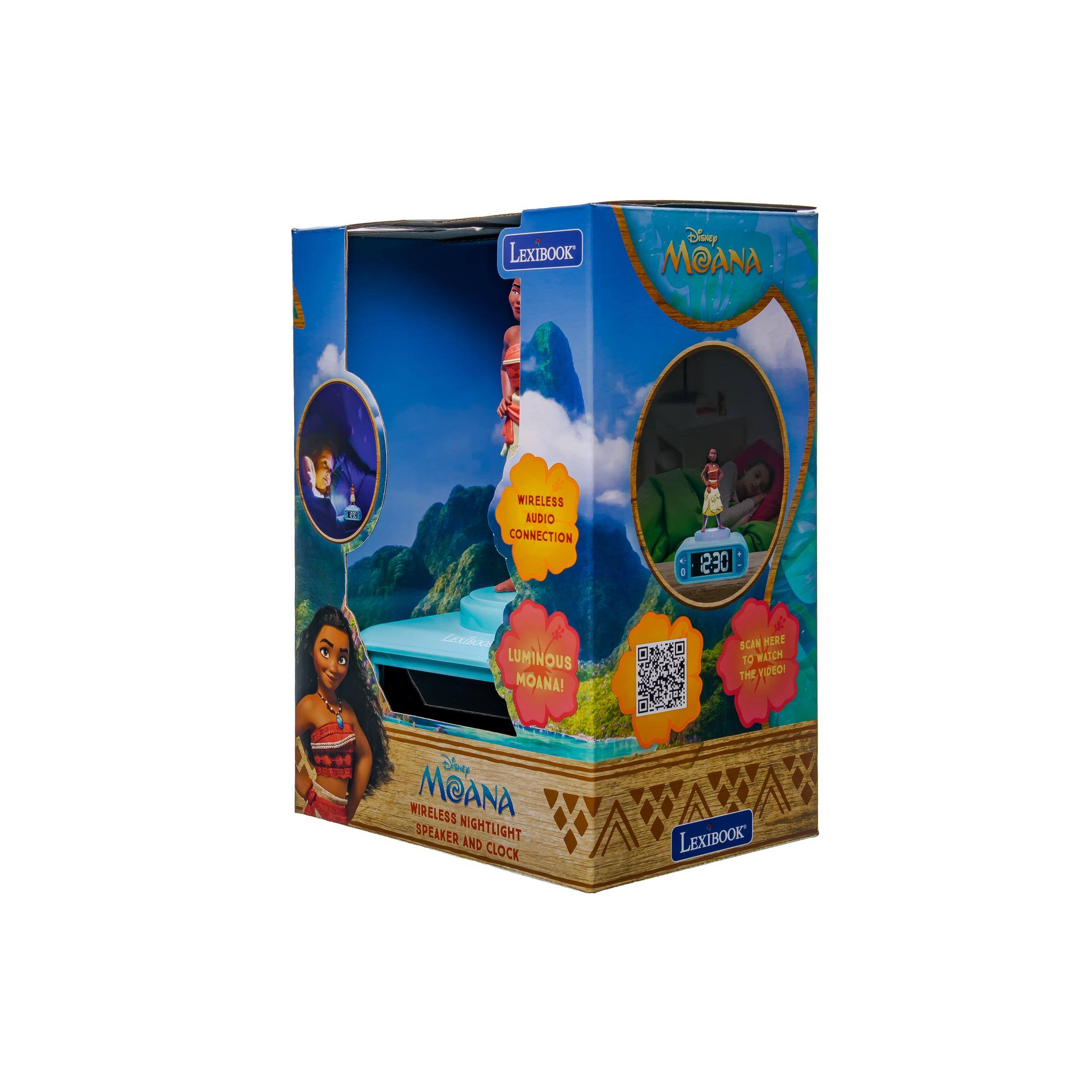 LEXIBOOK  
Disney MOANA  
WIRELESS AUDIO CONNECTION  
230  

LEXIBOOK SCAN HERE LUMINOUS TO WATCH THE VIDEO! MOANA!  
WIRELESS NIGHTLIGHT SPEAKER AND CLOCK