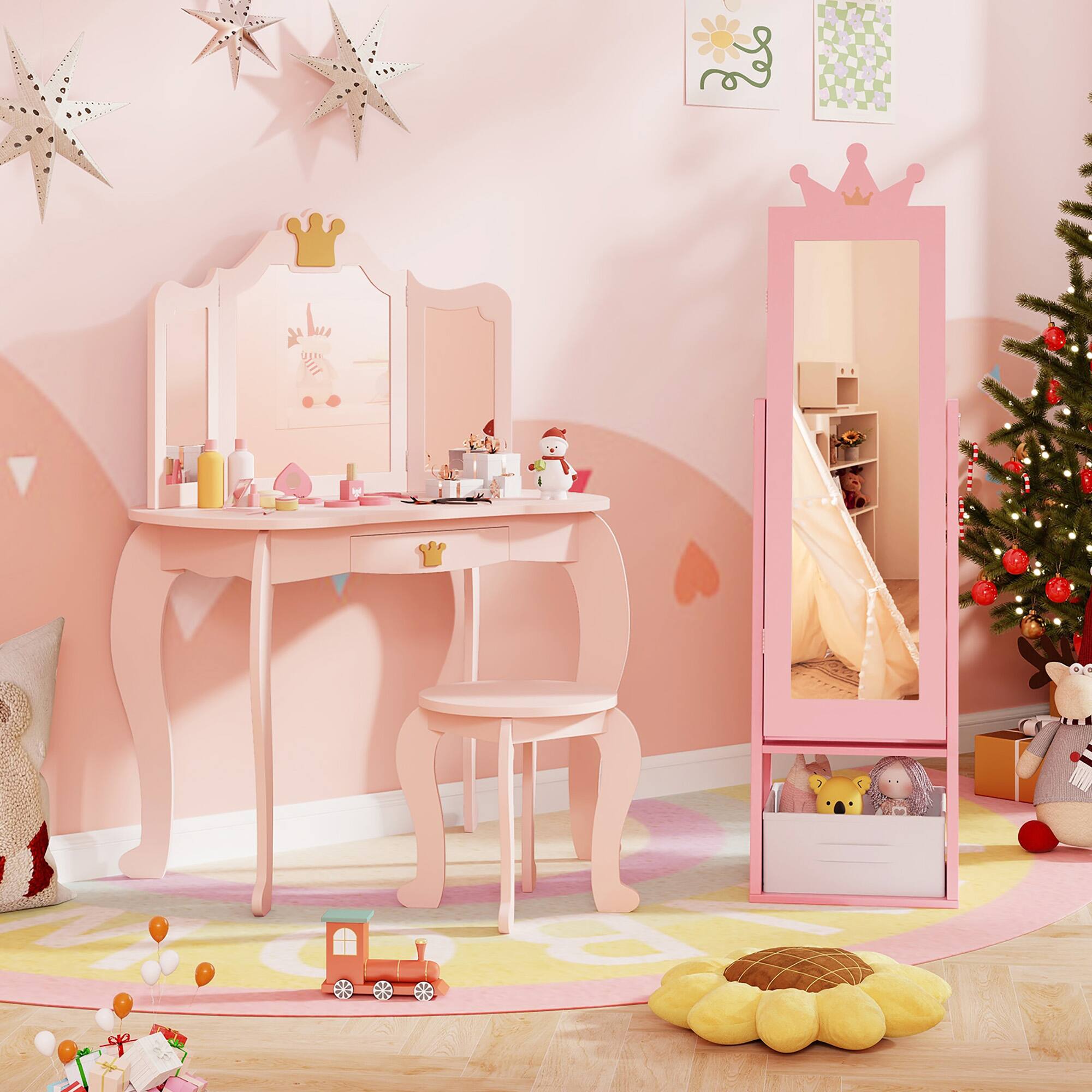 Alt View 4. Gymax - Gymax Kids Jewelry Cabinet w/ Full-Length Mirror Foldable Drawer Anti-toppling System - Pink.