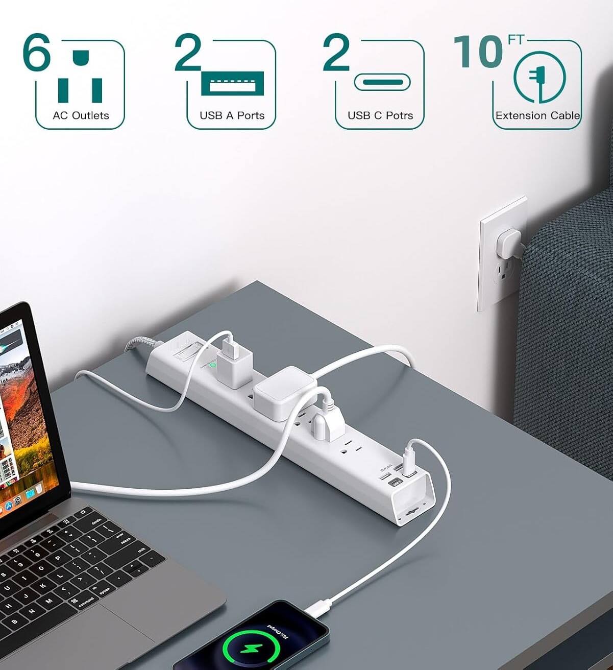 6 AC Outlets  
2 USB A Ports  
2 USB C Ports  
10 FT Extension Cable