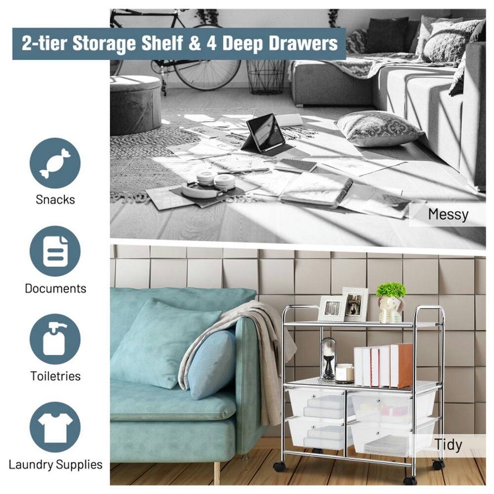 2-tier Storage Shelf & 4 Deep Drawers

- Snacks
- Documents
- Toiletries
- Laundry Supplies

Messy

Tidy