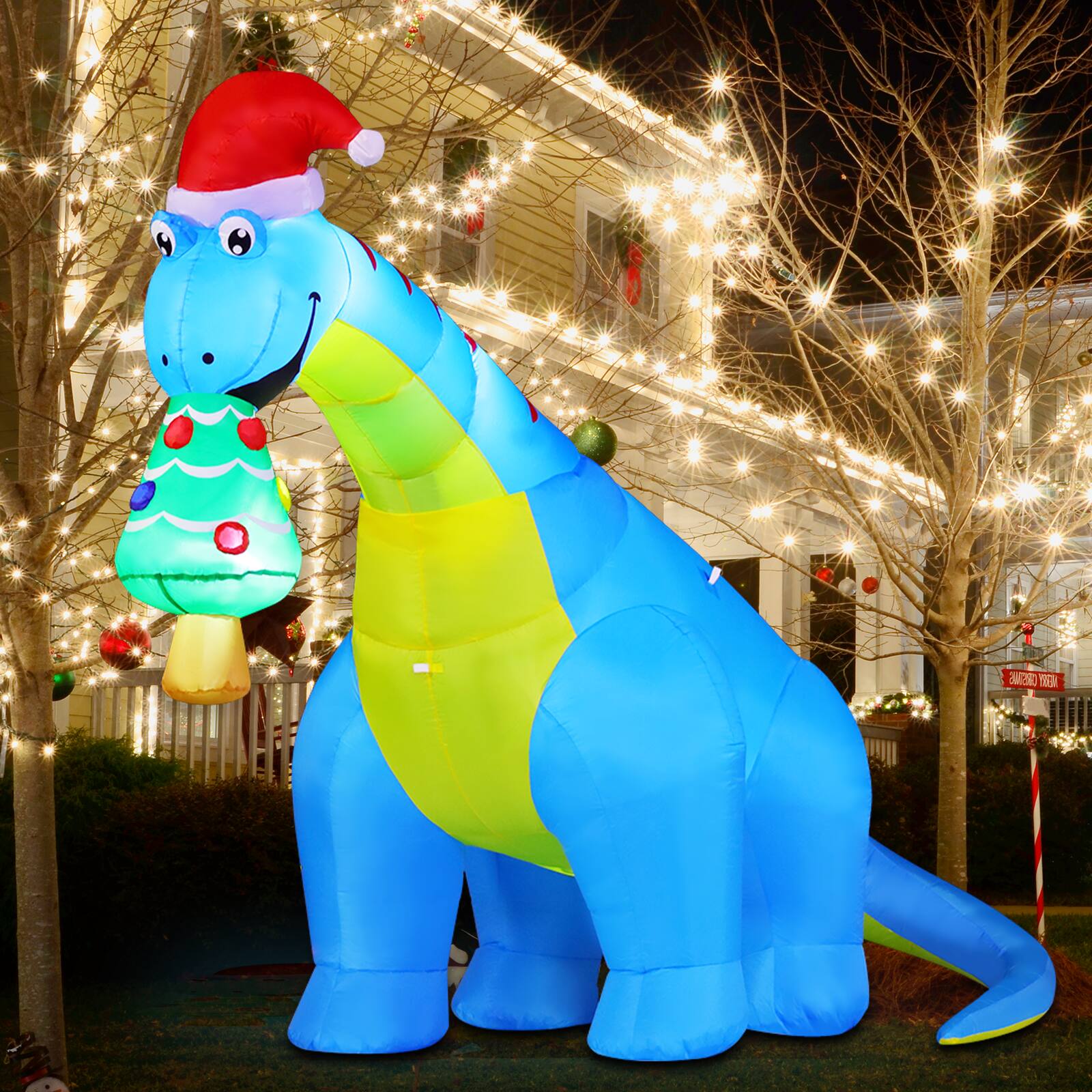 Left. GOOSH Inflatables - GOOSH 10FT Animated Blue Dinosaur Inflatable with Nodding Head and LED Lights - Blue.