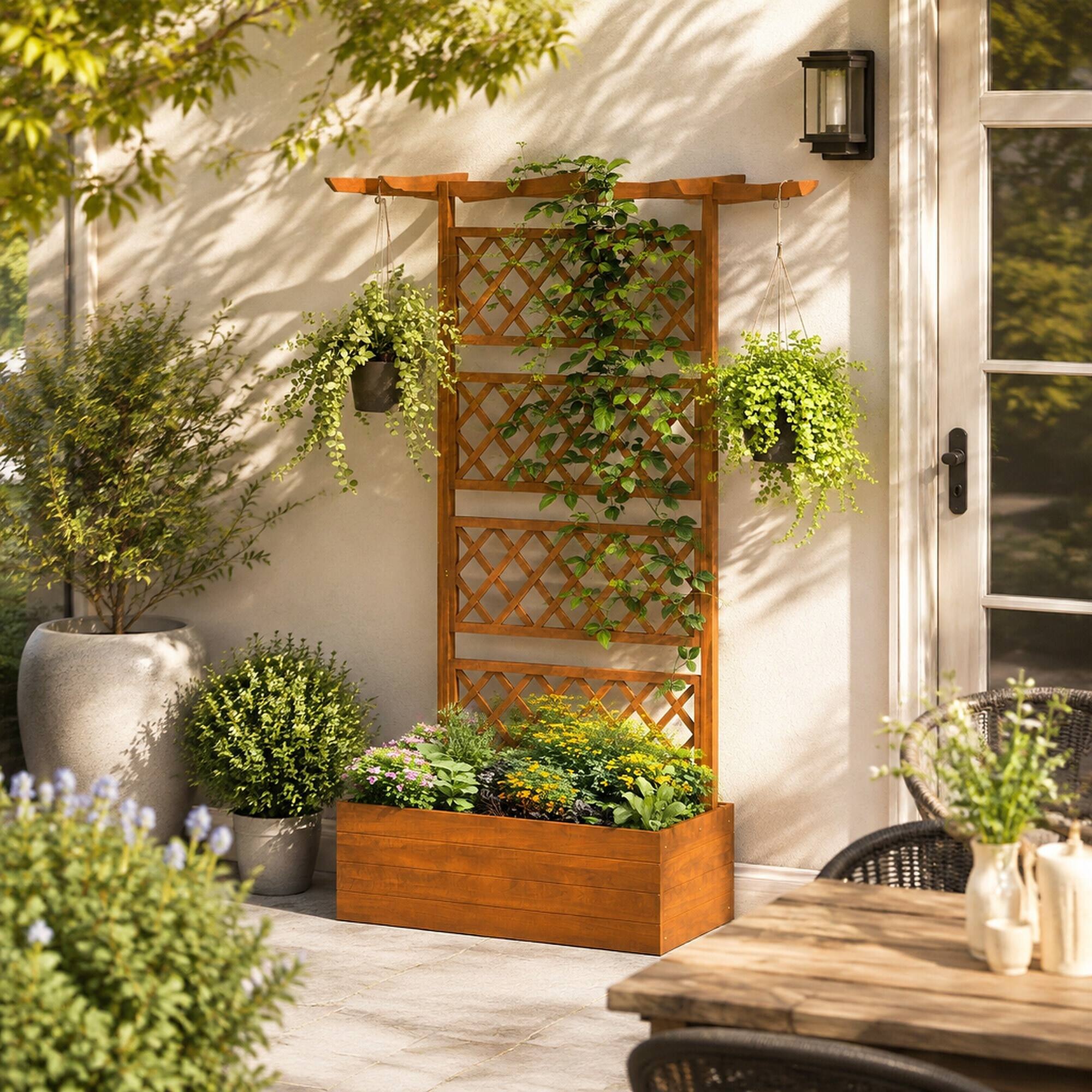 Left. RYHNUYNE - Outsunny Wood Planter with Trellis and Roof, Raised Garden Bed for Climbing Plants, Vegetables and Flowers, Firwood - Orange.