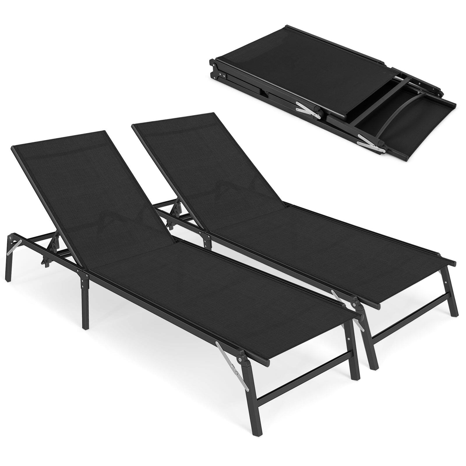 Alt View 1. Gymax - Gymax 2 PCS Reclining Lounge Chairs Folding Patio Recliner Chair w/5-position Backrest - Black.
