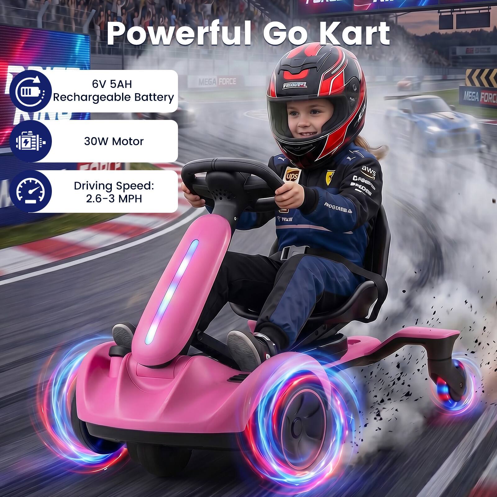 Powerful Go Kart

6V 5AH Rechargeable Battery

30W Motor

Driving Speed: 2.6-3 MPH