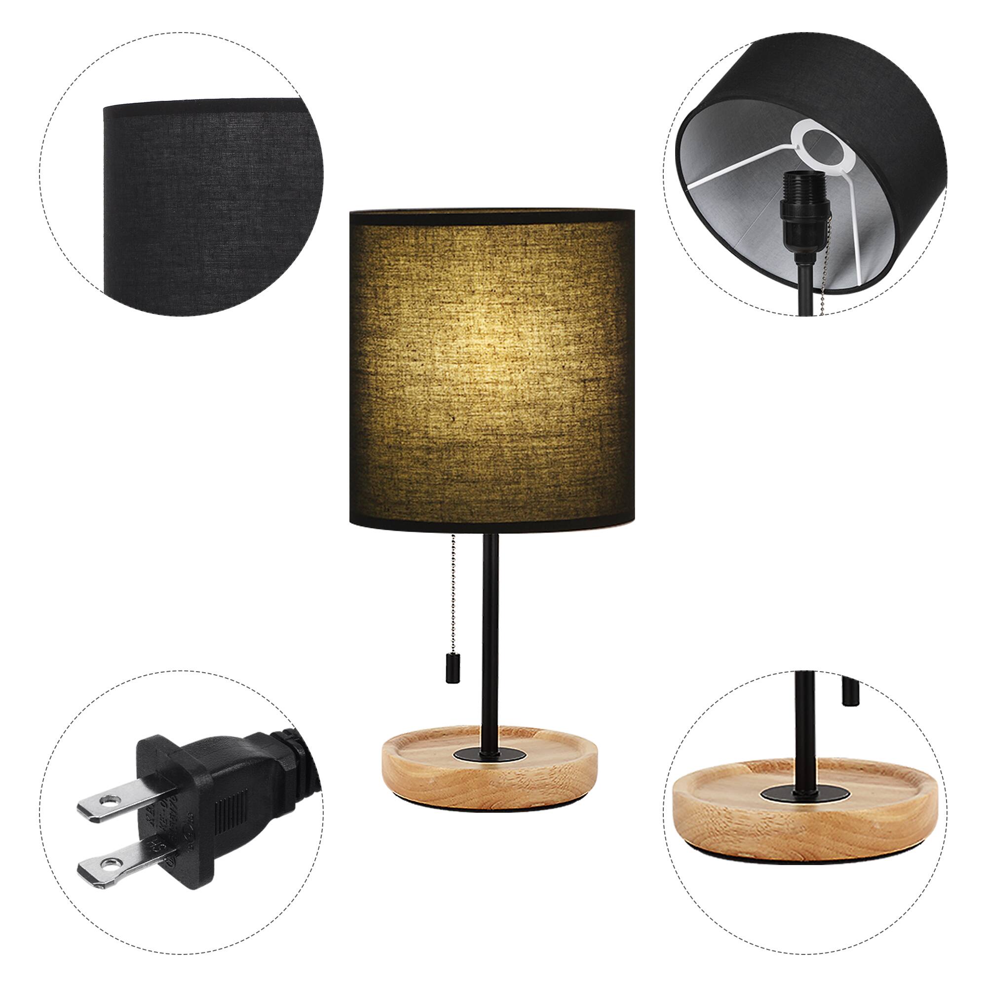 Oumilen 16in Table Lamp – Black Cylinder Linen Shade, Wood Tray Base ...