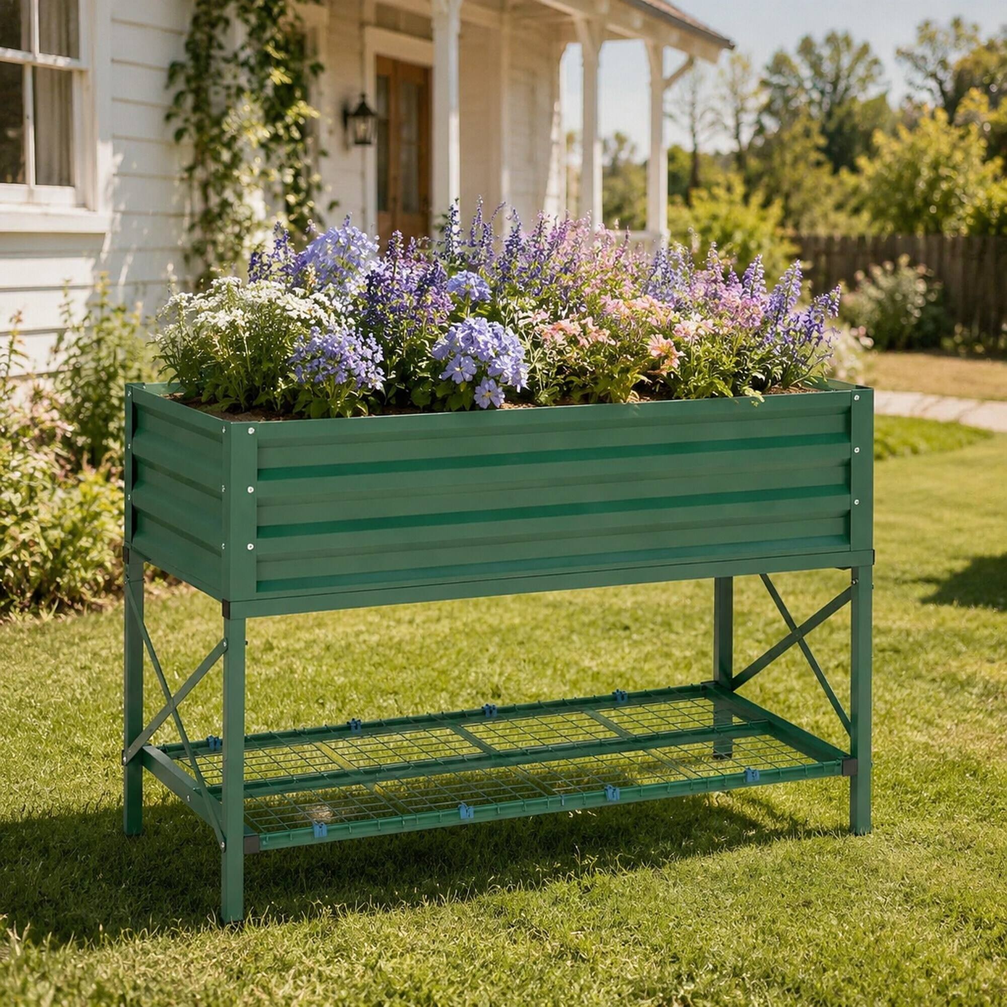 Angle. RYHNUYNE - Galvanized Steel Raised Garden Bed with Legs, Storage Shelf and Liner, 41.75"L x 21.25"W x 30"H, Green - Green.