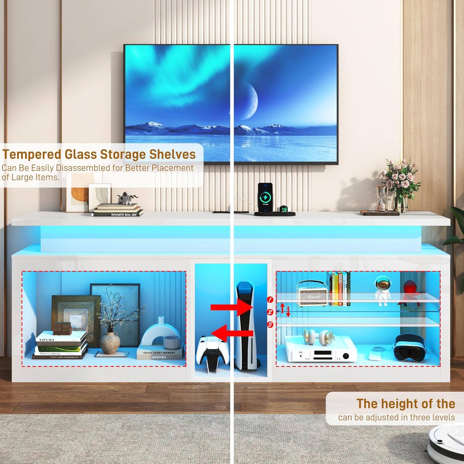 Tempered Glass Storage Shelves Can Be Easily Disassembled for Better Placement of Large Items. The height of the can be adjusted in three levels.