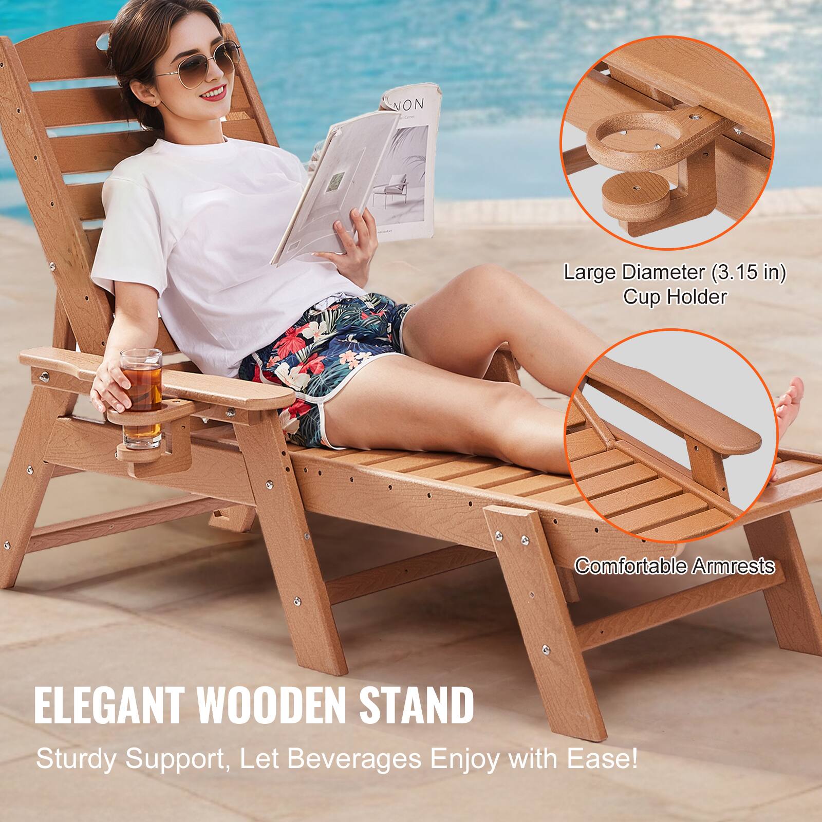 ELEGANT WOODEN STAND  
Sturdy Support, Let Beverages Enjoy with Ease!  

Large Diameter (3.15 in) Cup Holder  
Comfortable Armrests