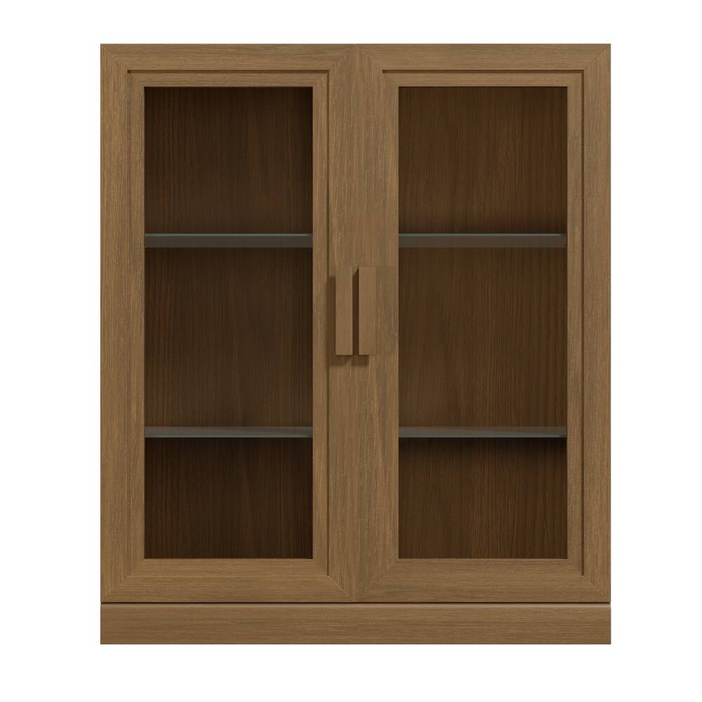Alt View 1. Lirago - Solid Wood Accent Cabinet with Glass Doors Walnut Wood Grain Finish 36"H x 16"D x 31"W Storage Display - Walnut.