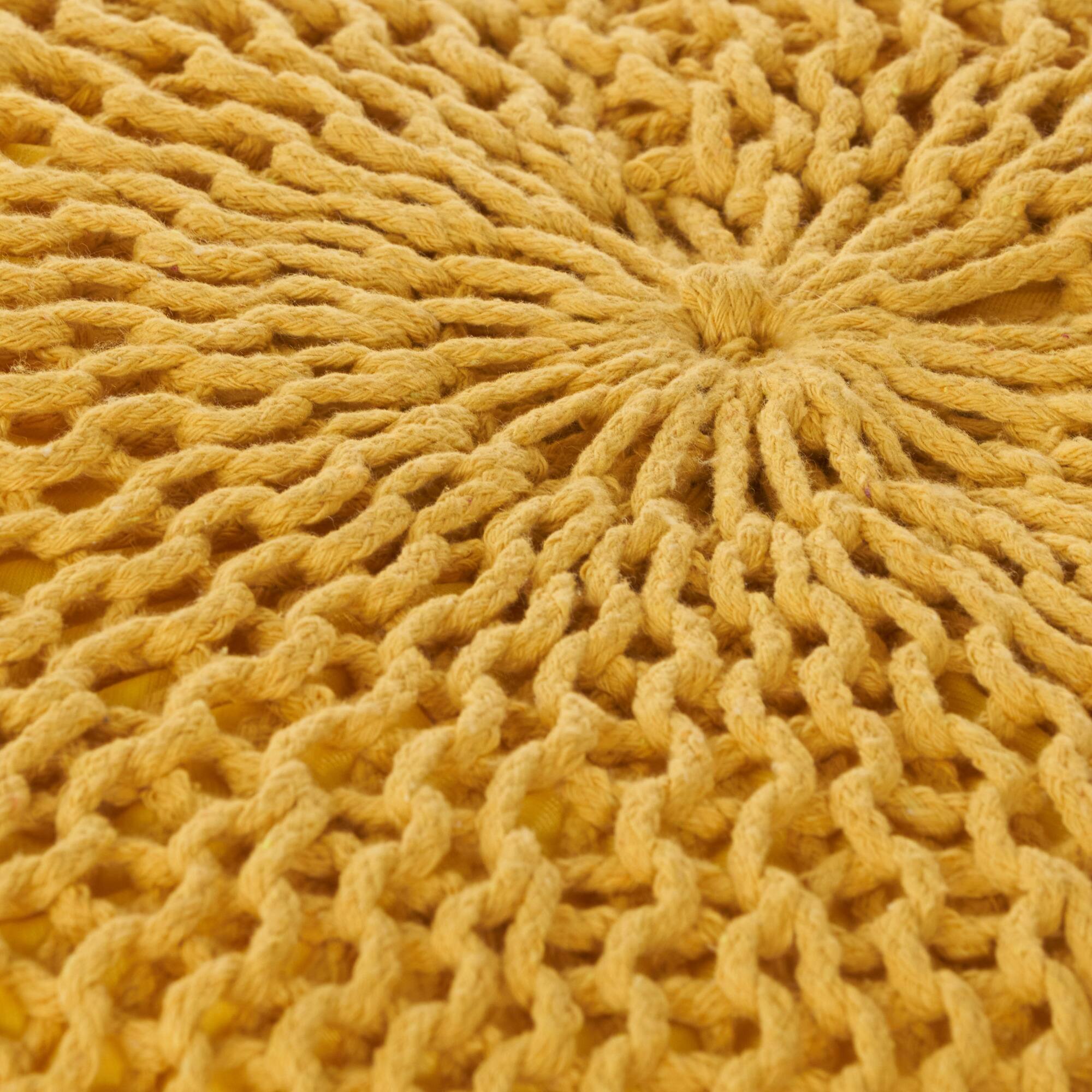 Angle. GOODSILO - Round Knitted Cotton Pouf Ottoman Floor Cushion Stylish Home Decor Accent Piece - Yellow.