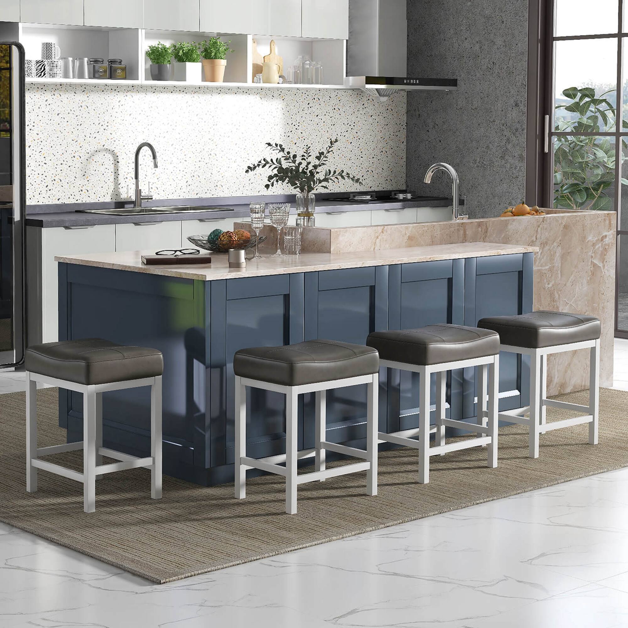 Alt View 1. Costway - Costway 24.5" Bar Stool Set of 4 with Solid Rubber Wood Frame Humanized Footrest Kitchen - White.