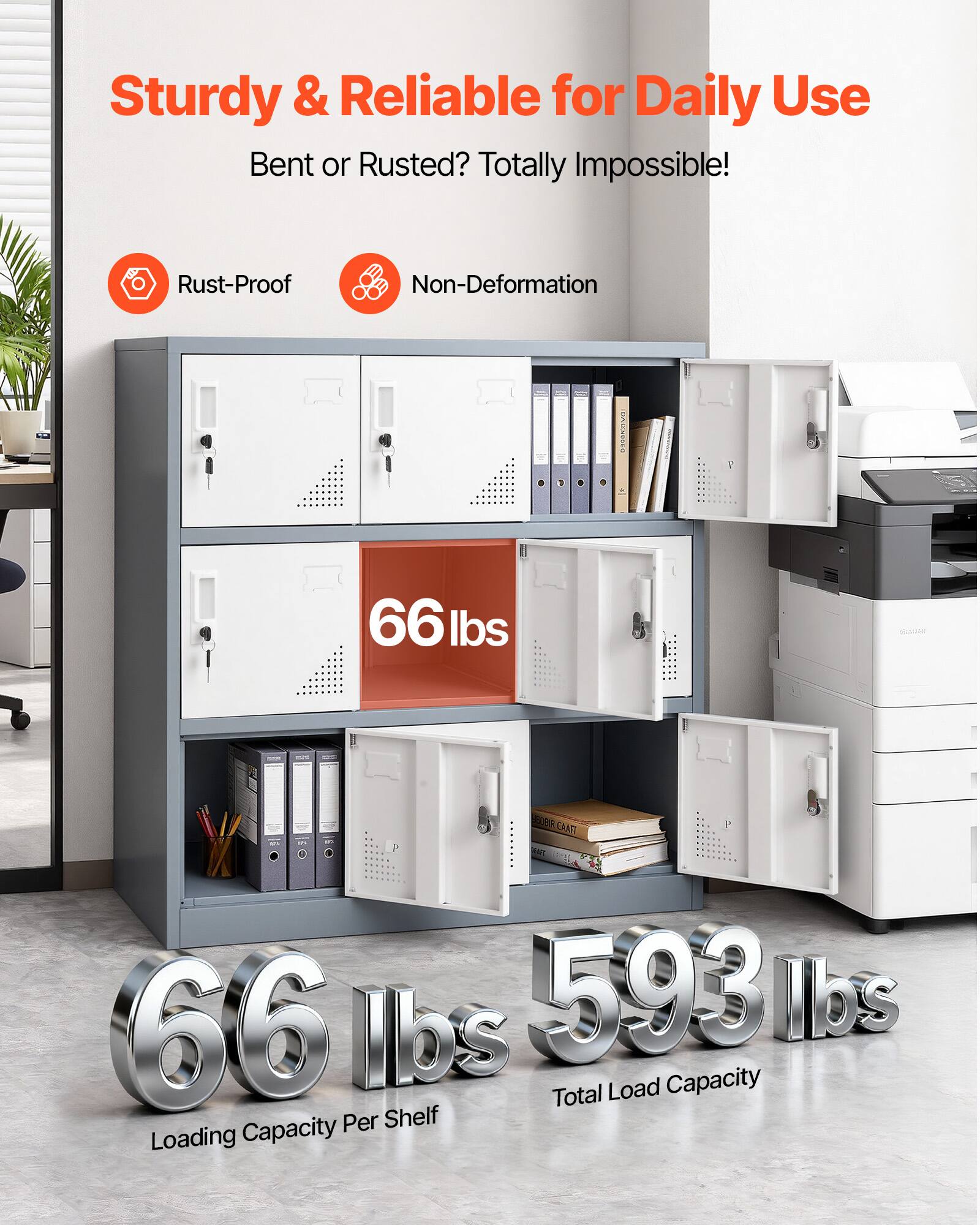 Sturdy & Reliable for Daily Use  
Bent or Rusted? Totally Impossible!  

Rust-Proof  
Non-Deformation  

66 lbs  
Loading Capacity Per Shelf  

593 lbs  
Total Load Capacity