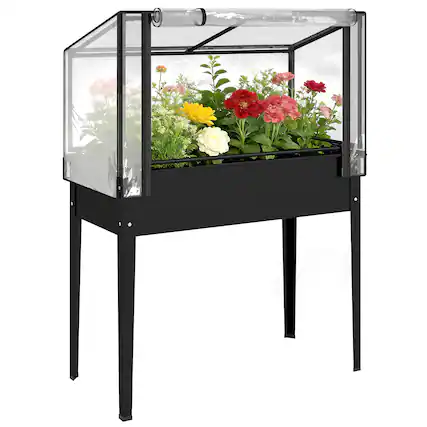Front. Outsunny - Raised Garden Bed with Flip-Up Greenhouse Cover, Metal Elevated Garden Bed with Legs and Drainage Hole.
