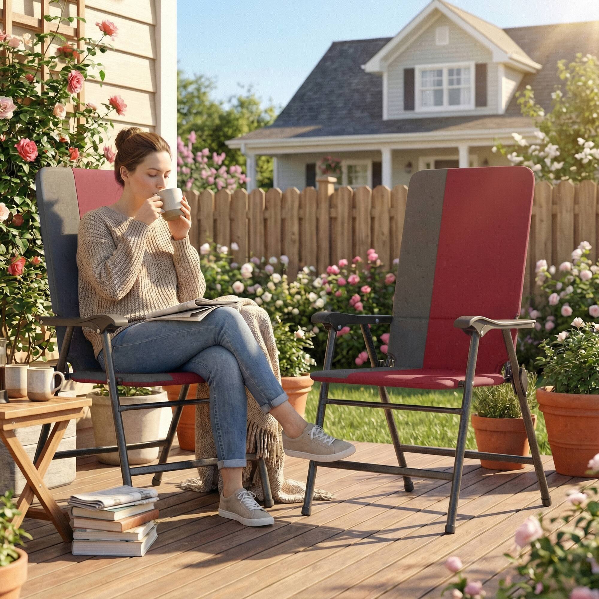 Alt View 1. Outsunny - Patio Chairs Set of 2, Padded High Back Lawn Camping Chairs with Armrests - Red.