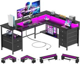 Furnulem - 66 In LShaped Gaming Desk with LED Lights Power Outlets Monitor Stand 6 Fabric Storage Cabinets for Home Office - Black