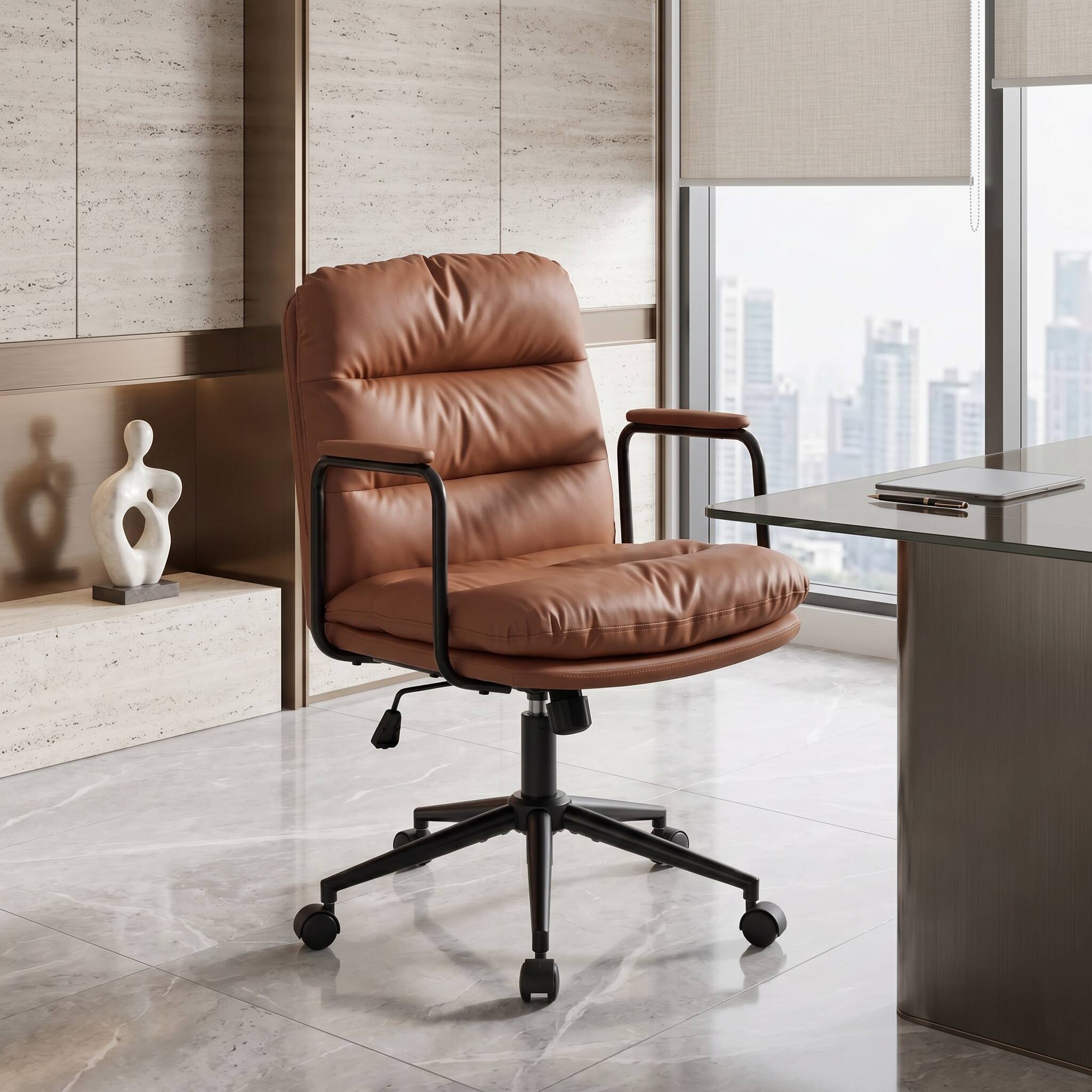 Alt View 10. Forest'nSky - Brown Office Desk Task Chair with Wheels and Arms Ergonomic PU Leather with Padded Armrest - Brown.