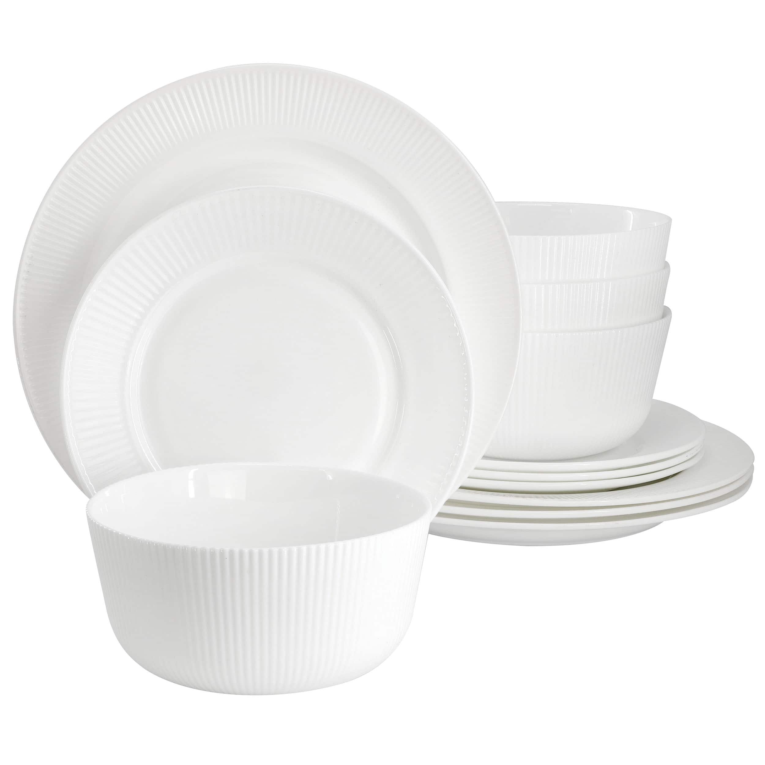 Ultra by Gibson Swanton Stripe 12 Piece Break-Resistant Opal Glass Dinnerware Set - White