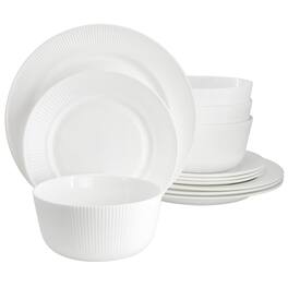 Ultra by Gibson Swanton Stripe 12 Piece Break-Resistant Opal Glass Dinnerware Set - White