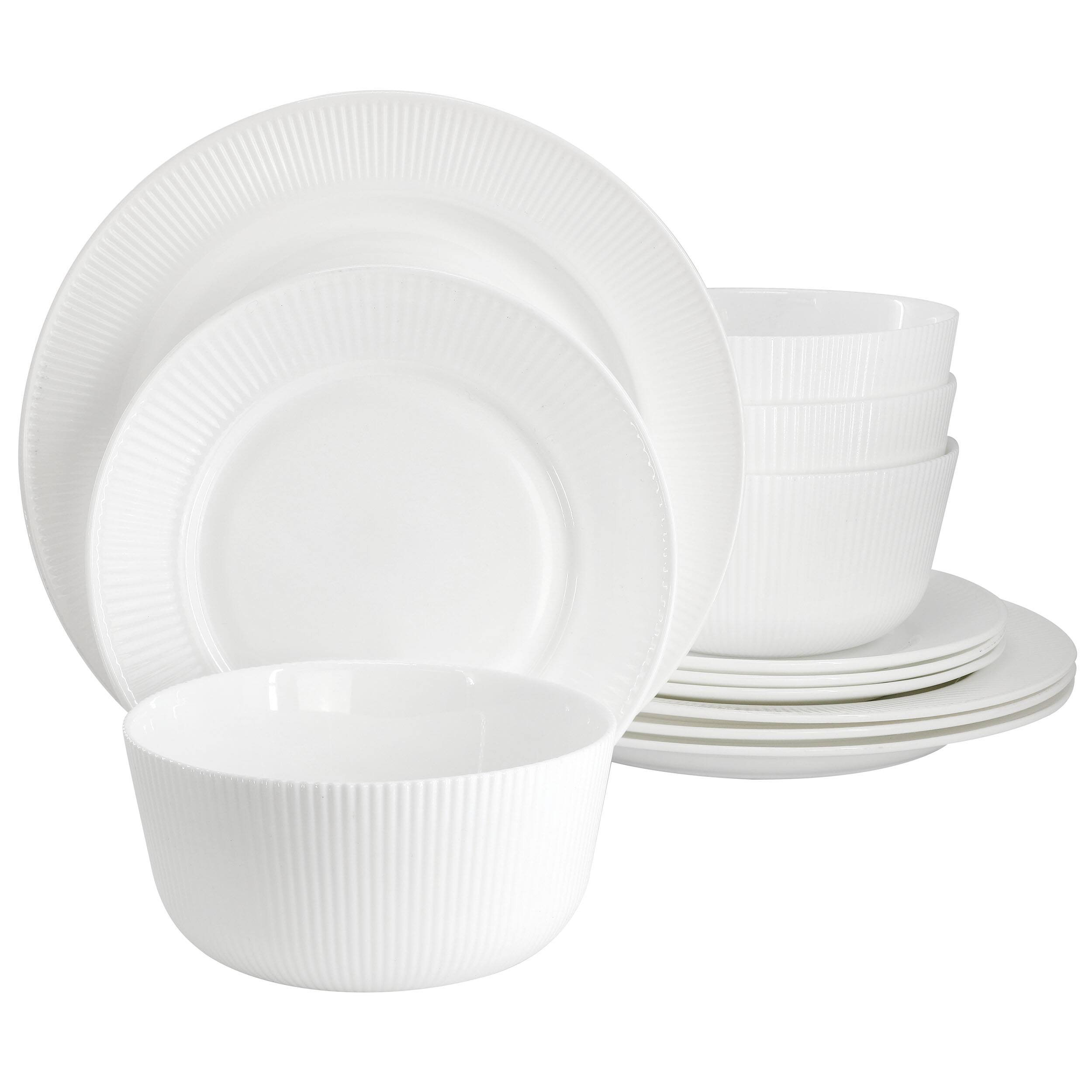 Front. Gibson - Ultra by Gibson Swanton Stripe 12 Piece Break-Resistant Opal Glass Dinnerware Set in White - White.