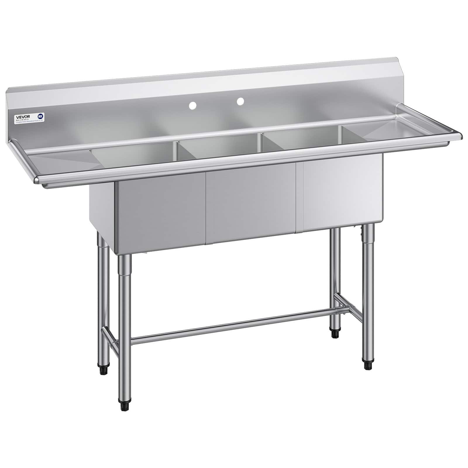 VEVOR - 3 Compartment Sink, 18-Gauge 304 Stainless Steel, 14"x16"x11" Bowl Size, 3 Bay Commercial Kitchen Prep & Utility Sink - Stainless steel color
