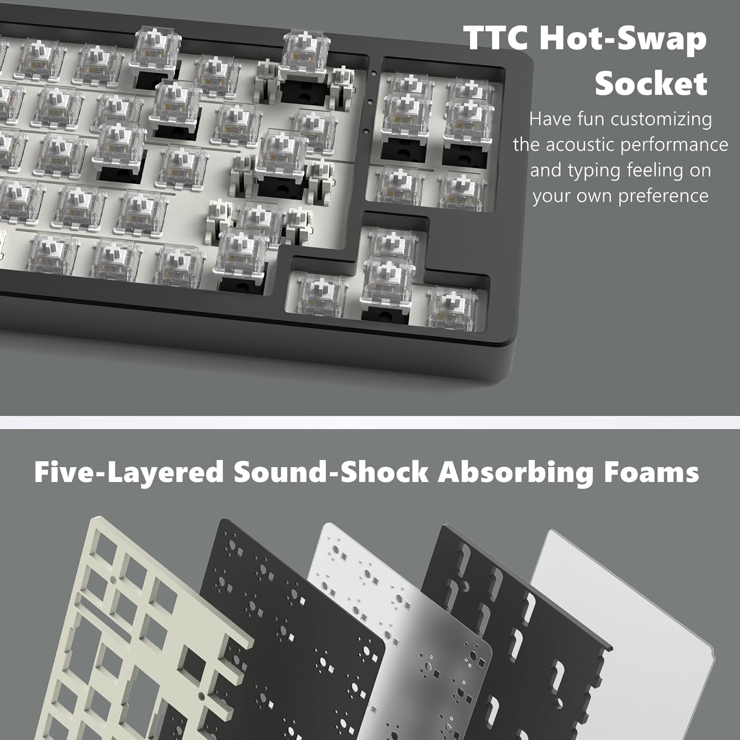 TTC Hot-Swap Socket  
Have fun customizing the acoustic performance and typing feeling on your own preference  

Five-Layered Sound-Shock Absorbing Foams