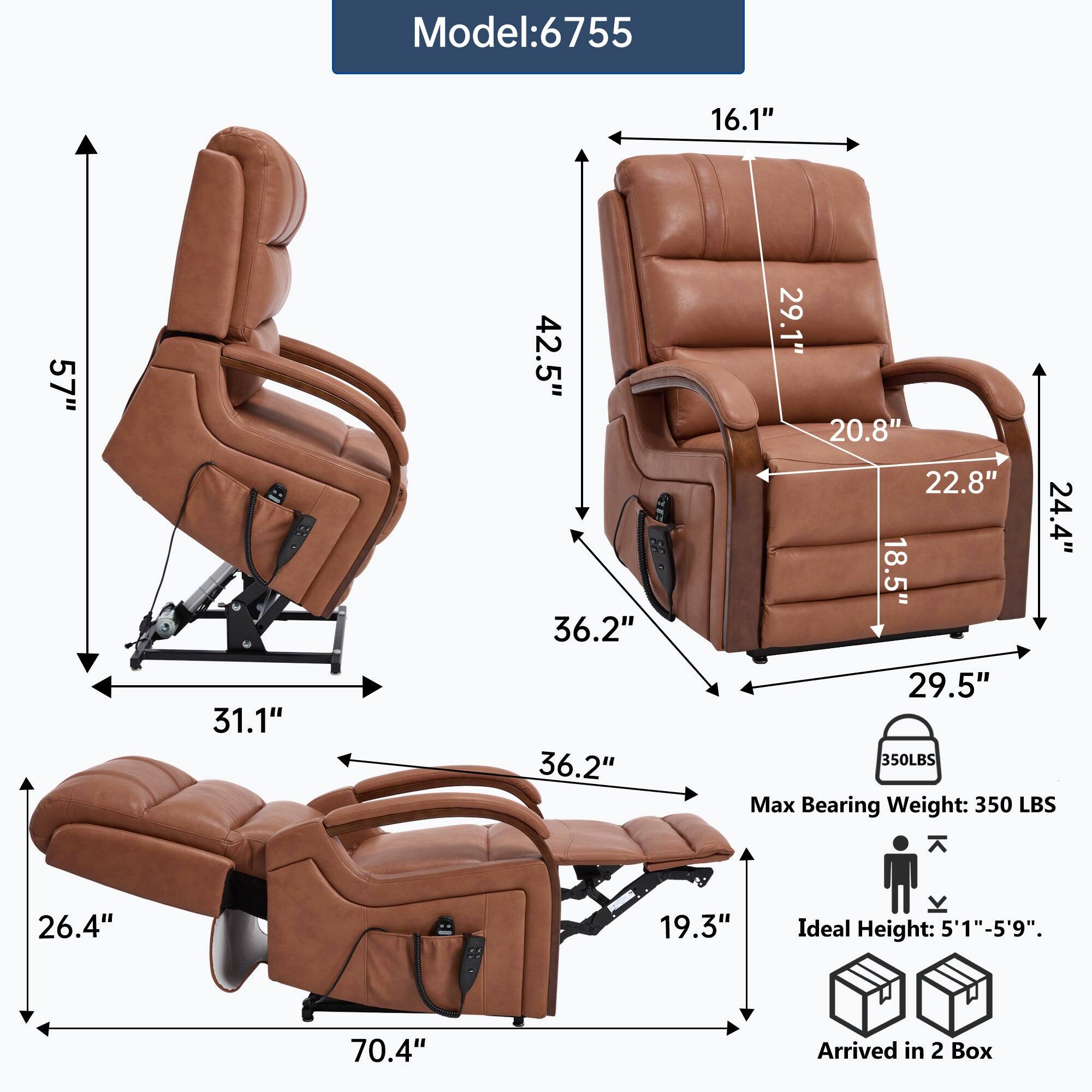 Model: 6755

- Height: 57"
- Width: 36.2"
- Depth: 31.1"
- Seat Height: 26.4"
- Seat Width: 22.8"
- Seat Depth: 20.8"
- Armrest Height: 29.1"
- Armrest Width: 16.1"
- Backrest Height: 42.5"
- Backrest Width: 29.5"
- Footrest Height: 24.4"
- Overall Length: 70.4"
- Overall Width: 36.2"
- Overall Depth: 19.3"

Max Bearing Weight: 350 LBS

Ideal Height: 5'1" - 5'9"

Arrived in 2 Box