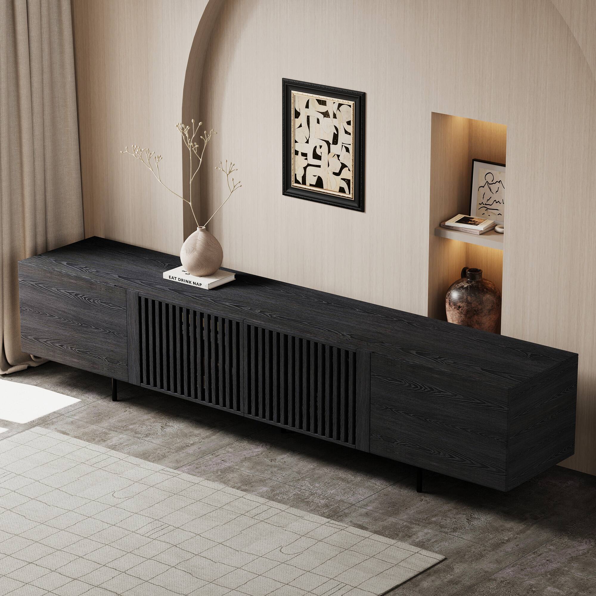 Angle. luck idea - 94.48" TV Stand with Adjustable Shelves, Soft-Close Hinges & Cable Holes, Metal Legs - Black.