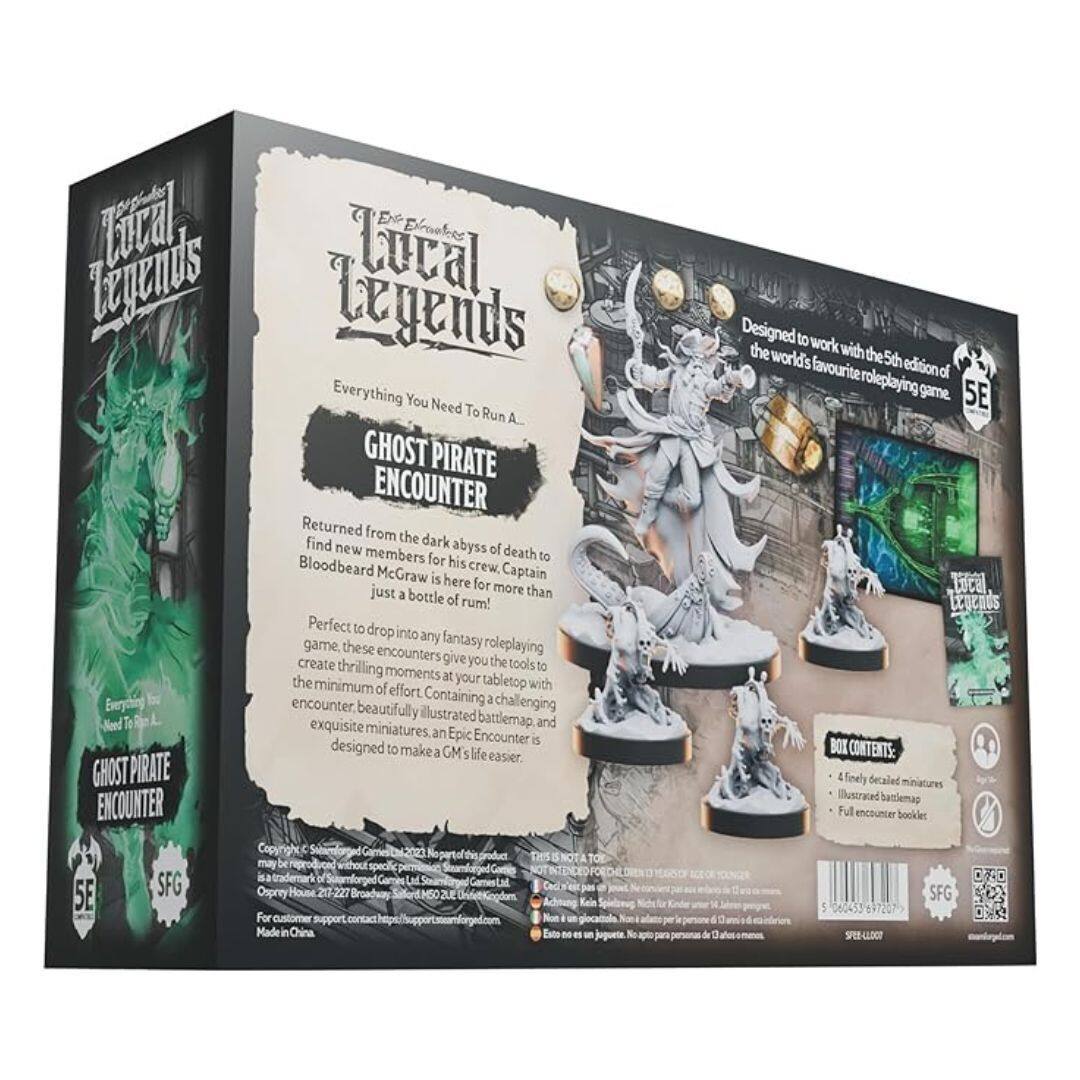 **Local Legends**

**Everything You Need To Run A Ghost Pirate Encounter**

Returned from the dark abyss of death to find new members for his crew, Captain Bloodbeard McGraw is here for more than just a bottle of rum! Perfect to drop into any fantasy roleplaying game, these encounters create thrilling moments at your tabletop with the minimum of effort. Containing a challenging encounter, a beautifully illustrated battlemap, and exquisite miniatures, an Epic Encounter is designed to make a GM's life easier.

**Ghost Pirate Encounter**

**Designed to work with the 5th edition of the world's favourite roleplaying game, 5E**

**Box Contents:**
- 4 finely detailed miniatures
- Illustrated battlemap
- Full encounter booklet

**COPYRIGHT NOTICE:**
This is not a product for sale. It is a prototype for testing and feedback purposes only. Do not sell, distribute, or use this product for commercial purposes. Not for resale. Not for commercial use. Not for public sale. Not for public distribution. Este no es un producto para la venta. Es un prototipo para pruebas y comentarios. No se venderá, distribuirá o usará este producto para propósitos comerciales. No está destinado a