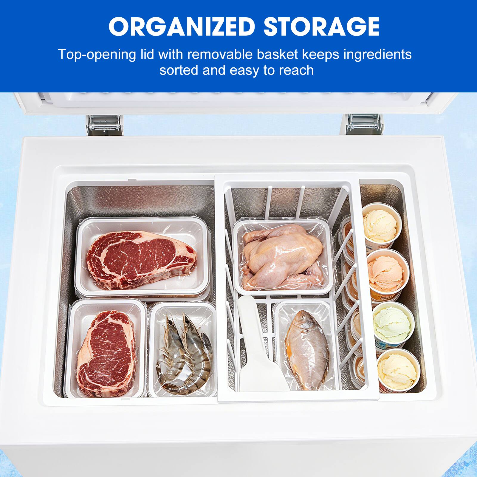 ORGANIZED STORAGE  
Top-opening lid with removable basket keeps ingredients sorted and easy to reach