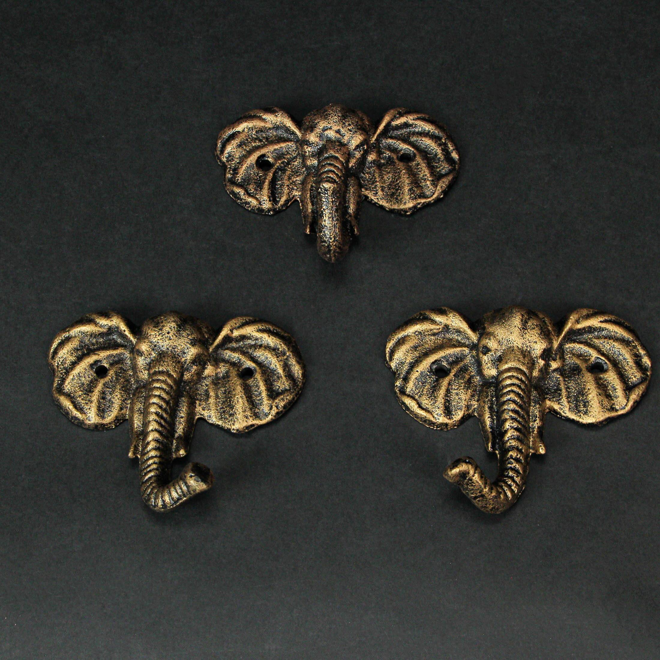 Alt View 7. Zeckos - 4 Inch Cast Iron Elephant Antique Gold Decorative Wall Hooks Coat Towel Set of 3 - Gold.