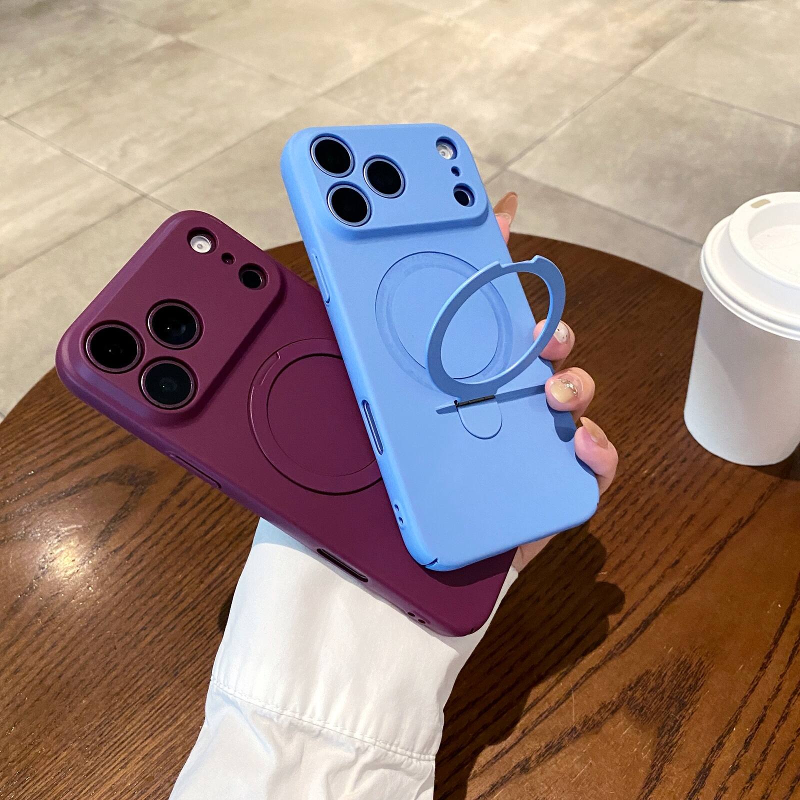 Left. UUCOVER - Magnetic Kickstand Case for Apple iPhone 18 Pro, Rotatable Ring Holder Compatible with MagSafe, Shockproof Matte Cover - Lightblue.