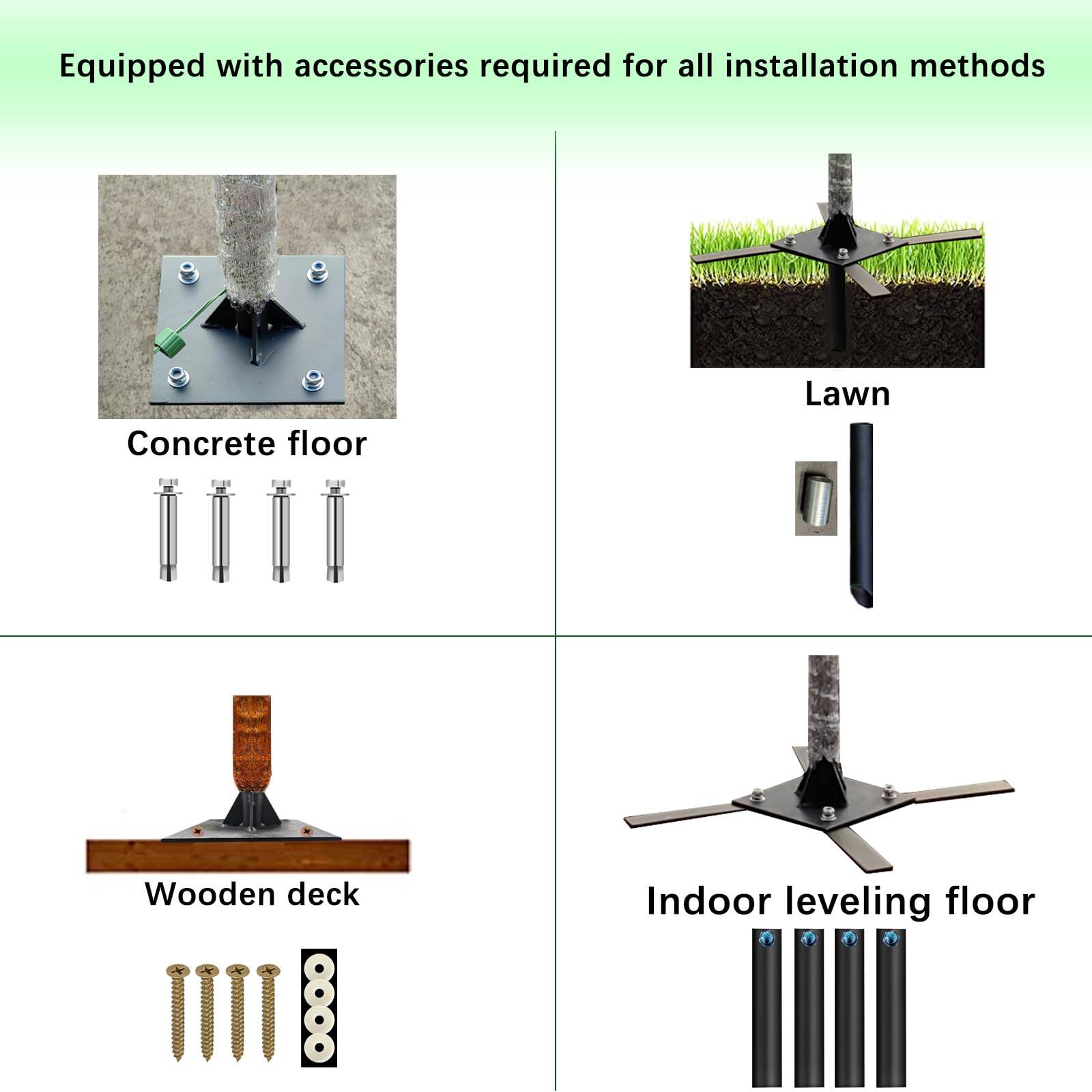 Equipped with accessories required for all installation methods

- Concrete floor
- Lawn
- Wooden deck
- Indoor leveling floor