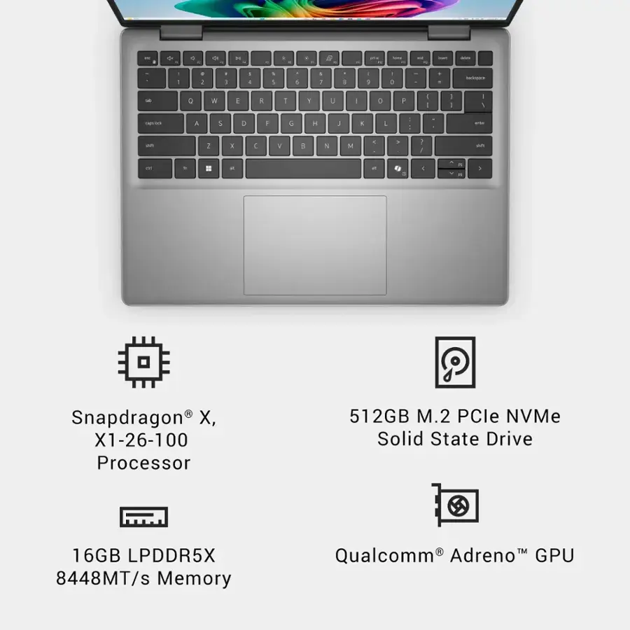* Snapdragon X, X1-26-100 Processor
* 512GB M.2 PCle NVMe Solid State Drive
* 16GB LPDDR5X 8448MT/s Memory
* Qualcomm Adreno GPU