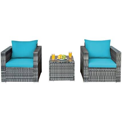Front. Kadyn - 3 Pcs Patio Rattan Furniture Bistro Sofa Set with Coffee Table and Cushions-Turquoise - Blue.