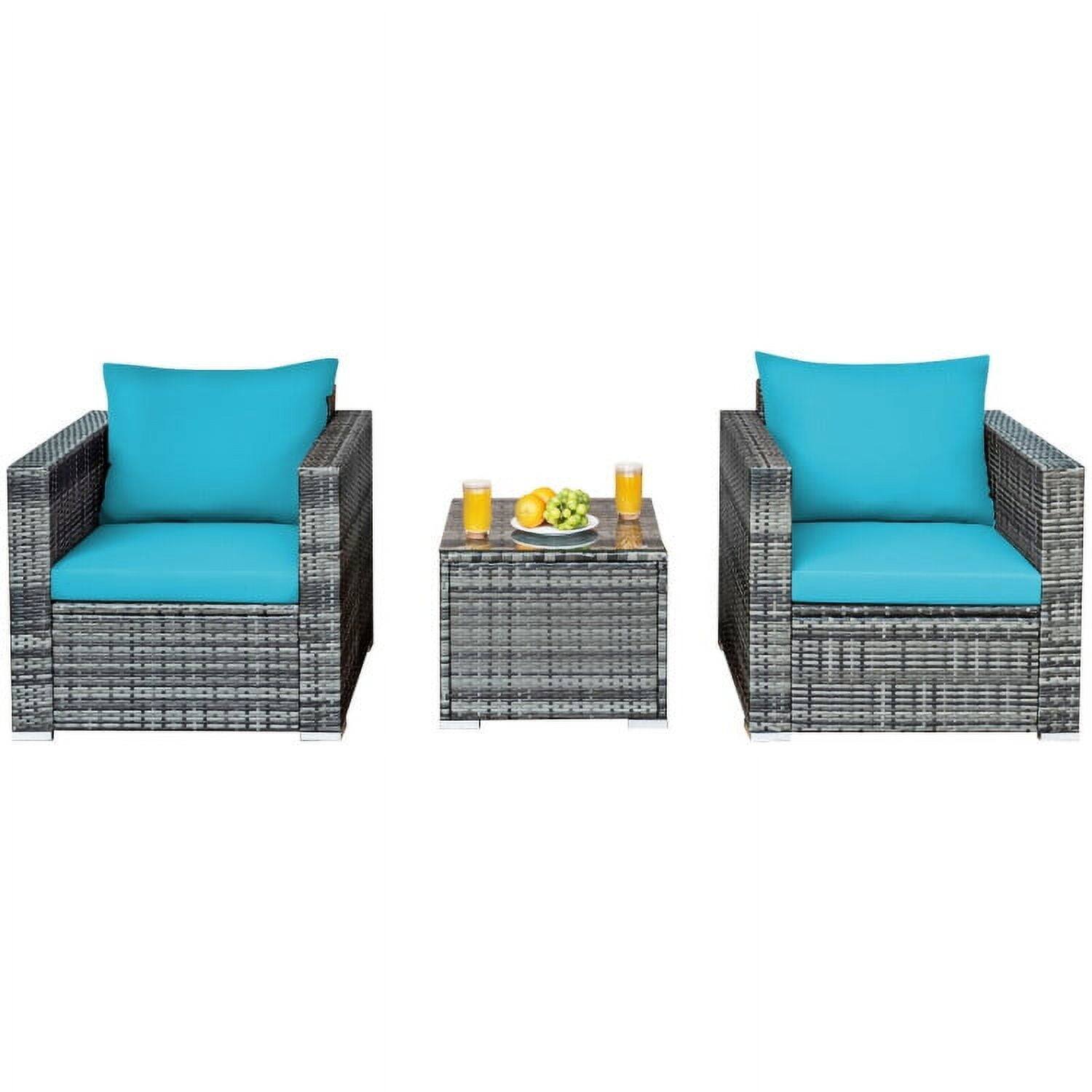 Front. Kadyn - 3 Pcs Patio Rattan Furniture Bistro Sofa Set with Coffee Table and Cushions-Turquoise - Blue.