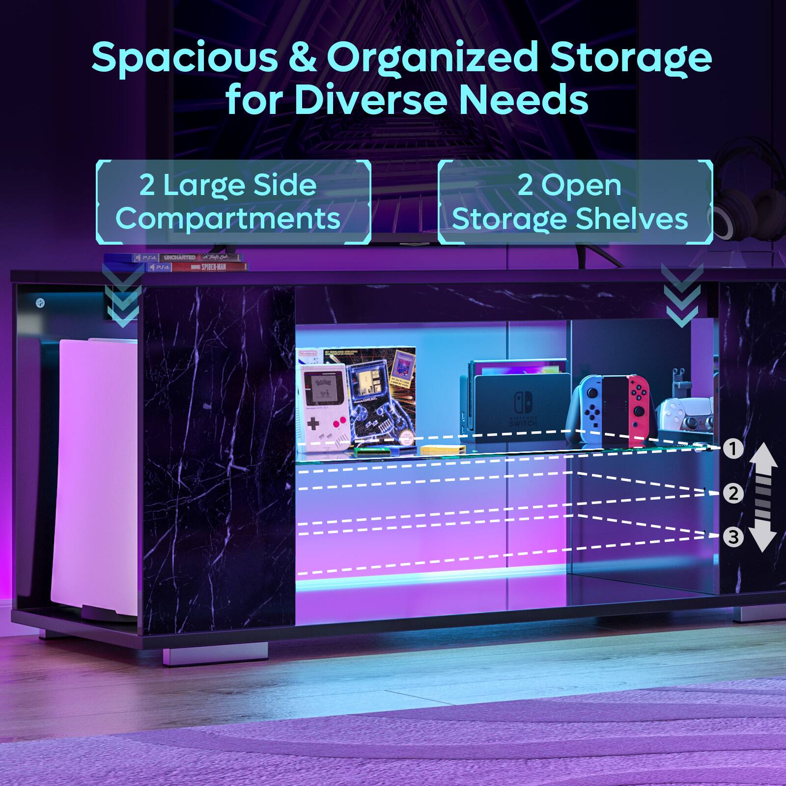 Spacious & Organized Storage for Diverse Needs: 2 Large Side Compartments & 2 Open Storage Shelves
