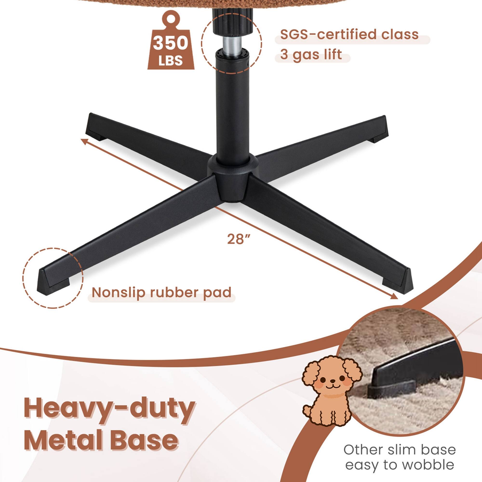 The text on the image reads: "350 LBS SGS-certified class 3 gas lift 28" Nonslip rubber pad Heavy-duty Metal Base Other slim base easy to wobble."