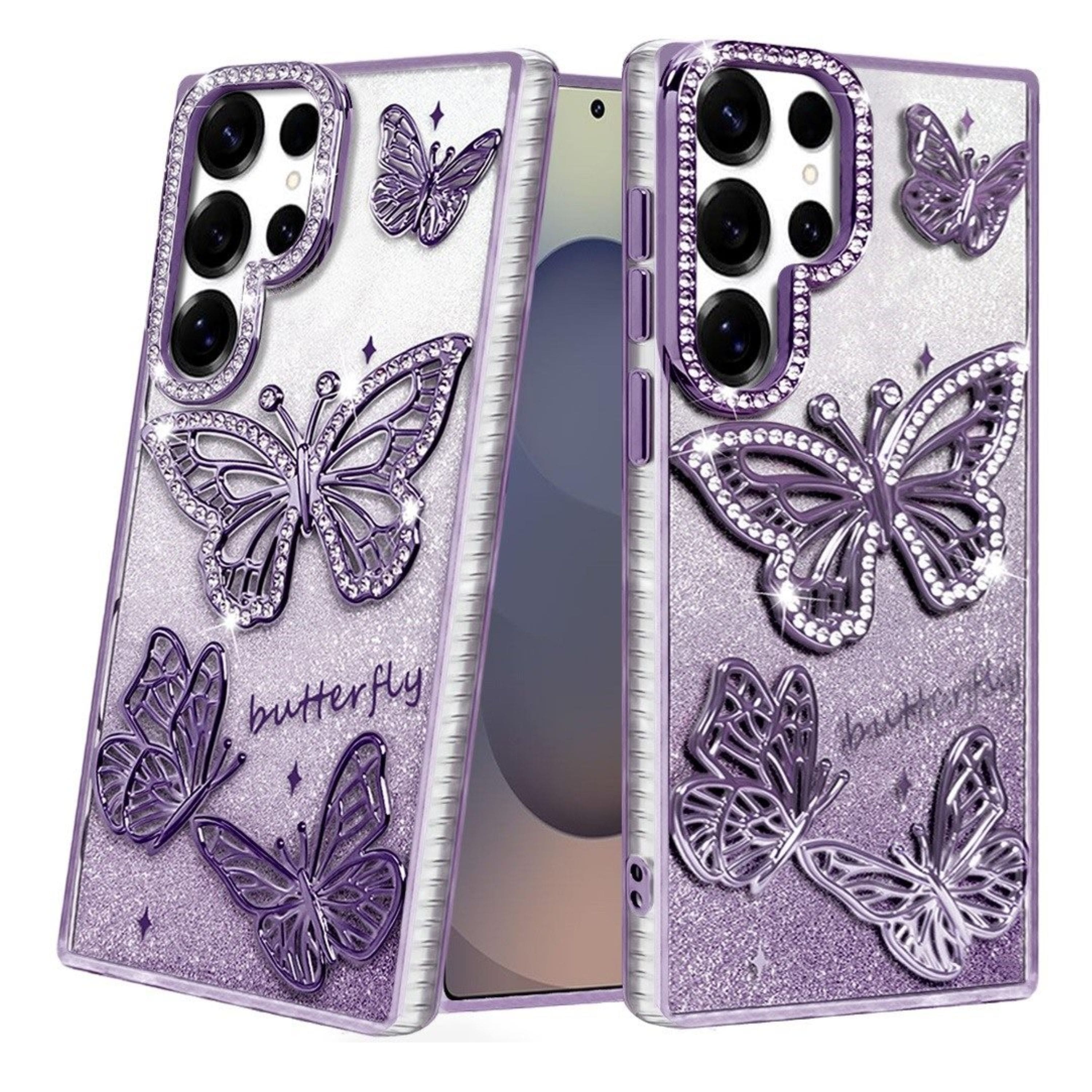 Kitcheniva - Bling Butterflies 3D Glitter Design Phone Case With Tempered Glass For Samsung Galaxy S26 Ultra - Purple price history on PriceWatchPro