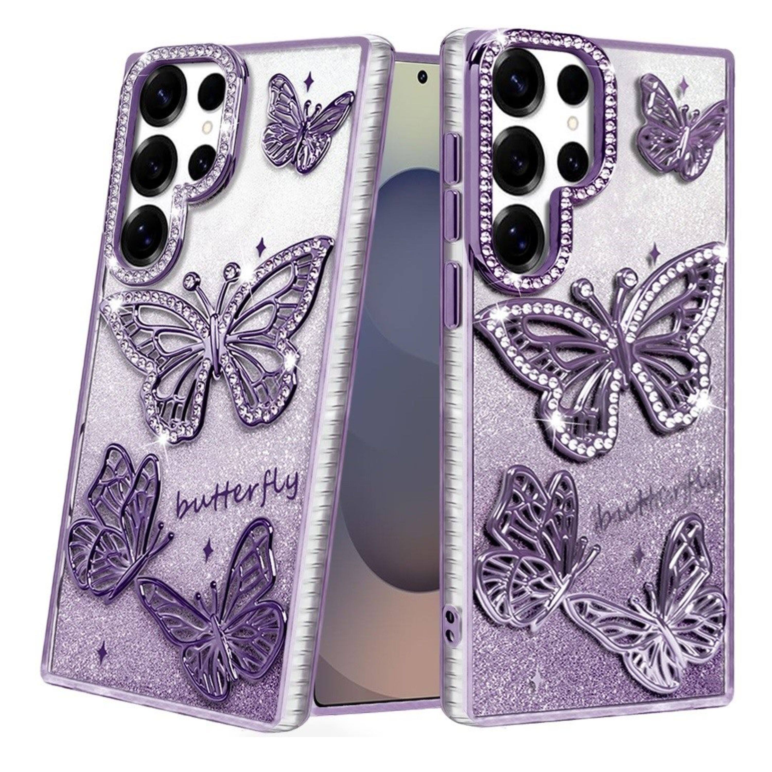 Kitcheniva - Bling Butterflies 3D Glitter Design Phone Case With Tempered Glass For Samsung Galaxy S26 Ultra - Purple