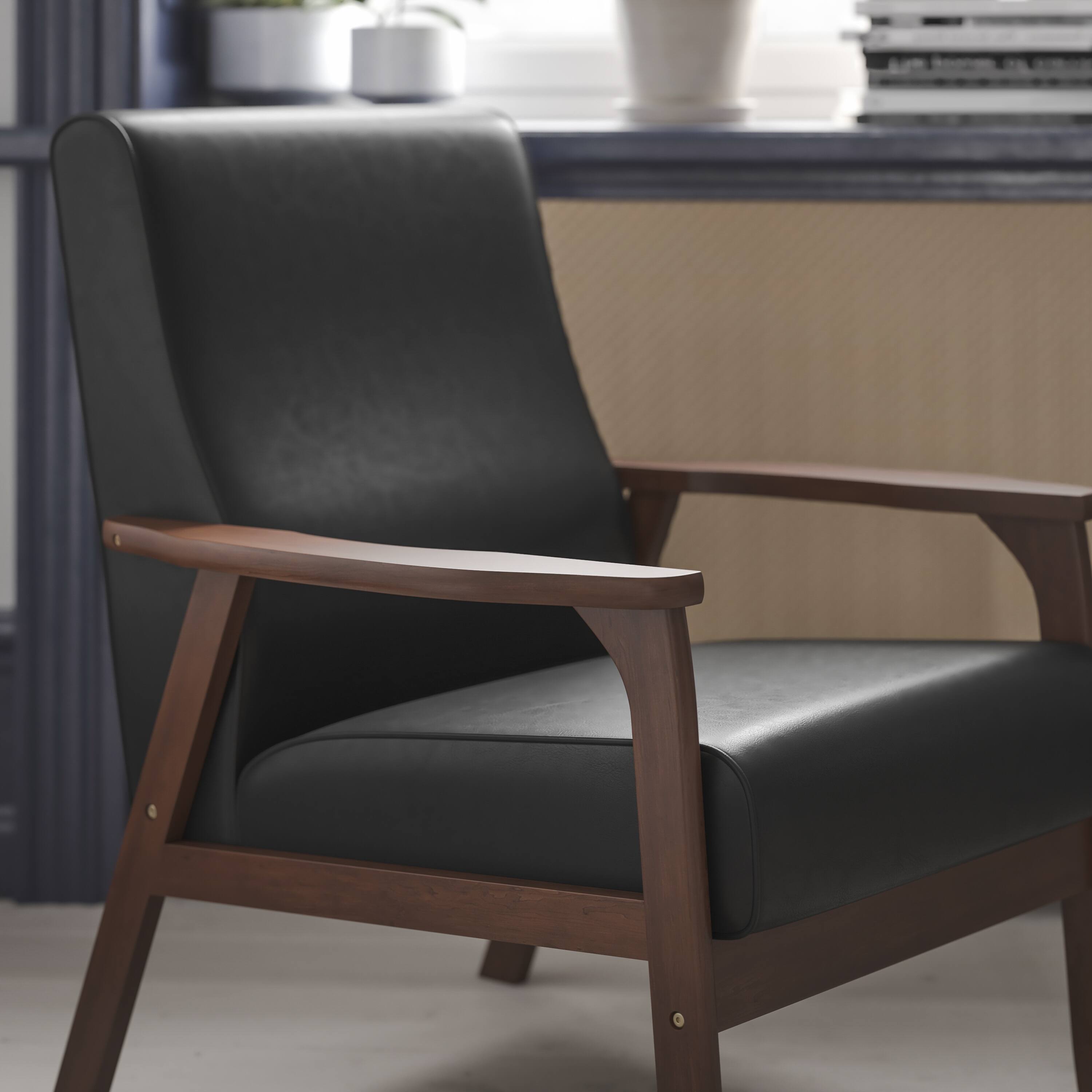 Alt View 3. Emma + Oliver - Langmore Upholstered Mid-Century Modern Arm Chair with Wood Frame - Black Faux Leather.