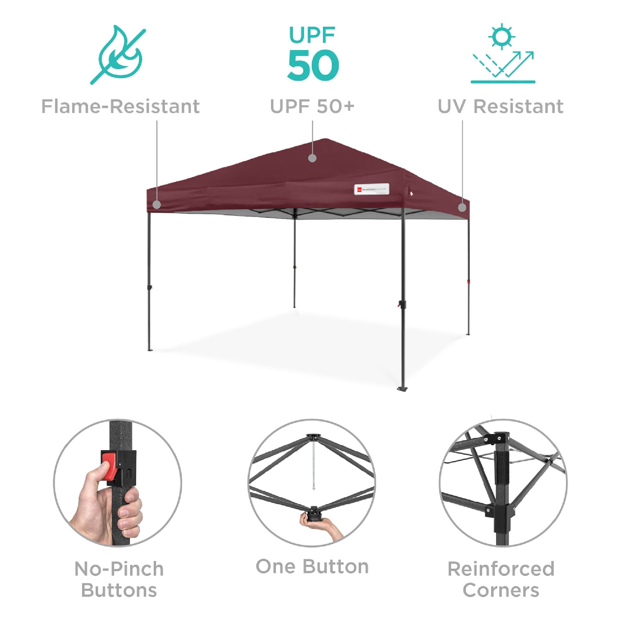 - Flame-Resistant
- UPF 50+
- UV Resistant
- No-Pinch Buttons
- One Button
- Reinforced Corners