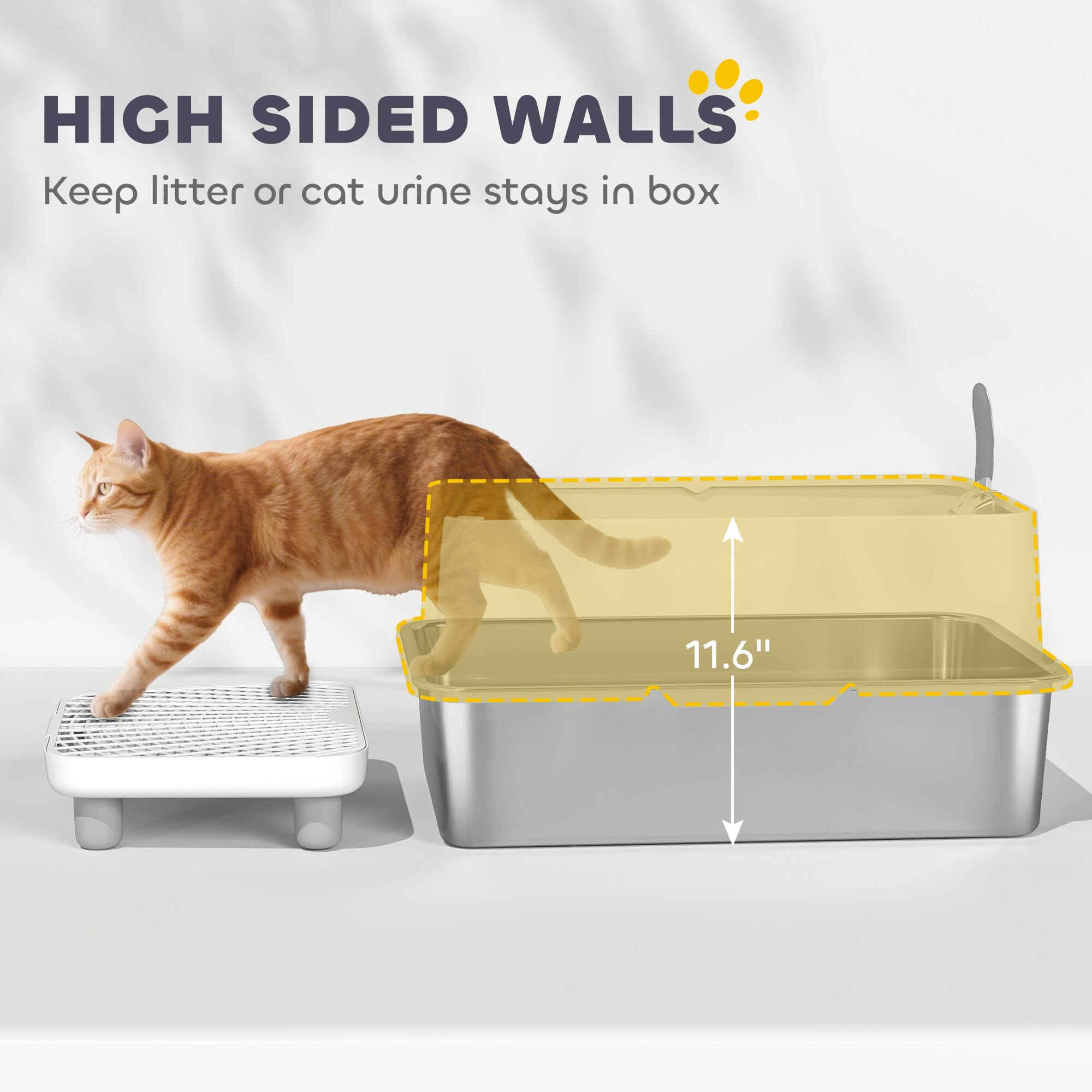 HIGH SIDED WALLS  
Keep litter or cat urine stays in box  
11.6"