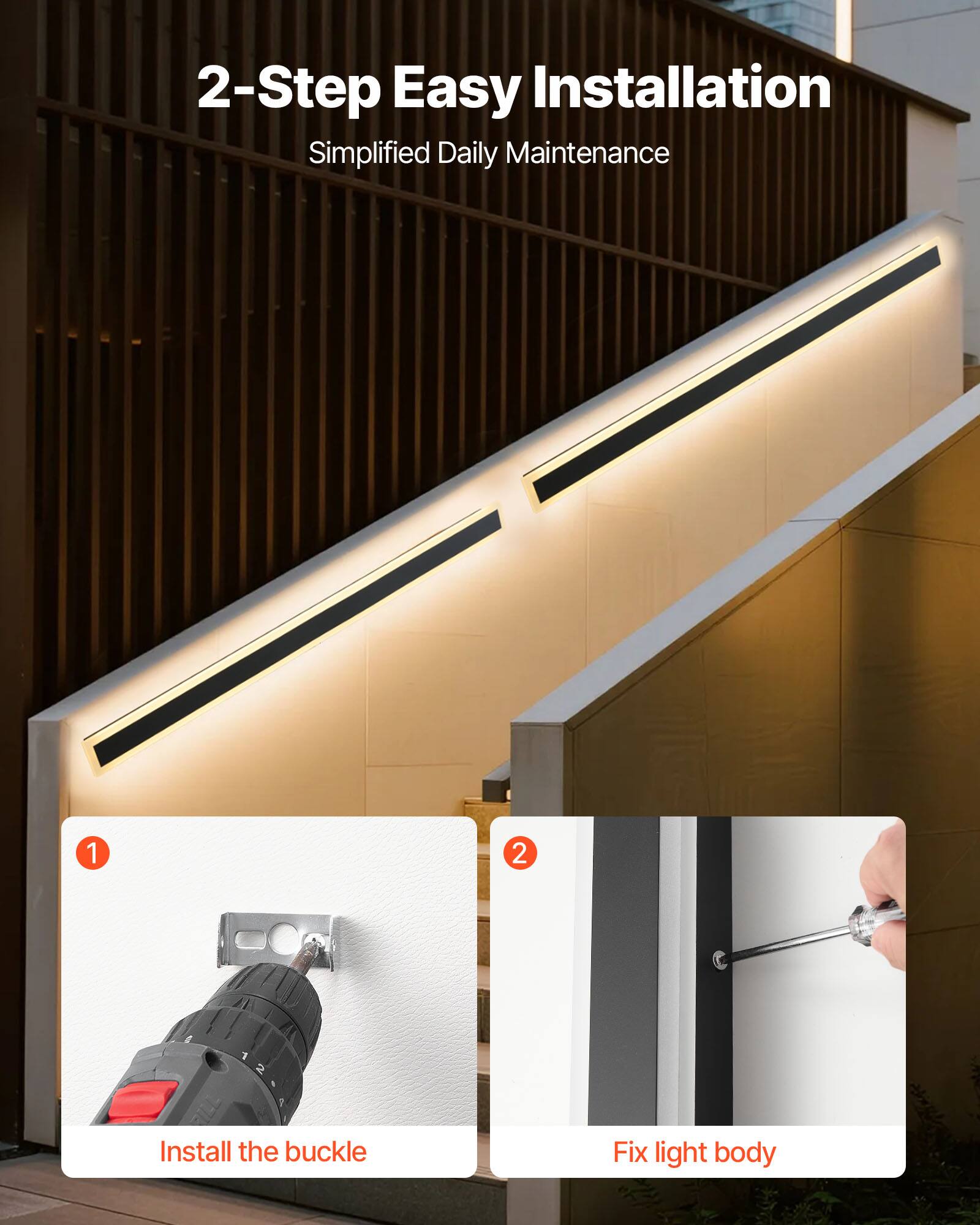 2-Step Easy Installation  
Simplified Daily Maintenance  

1. Install the buckle  
2. Fix light body