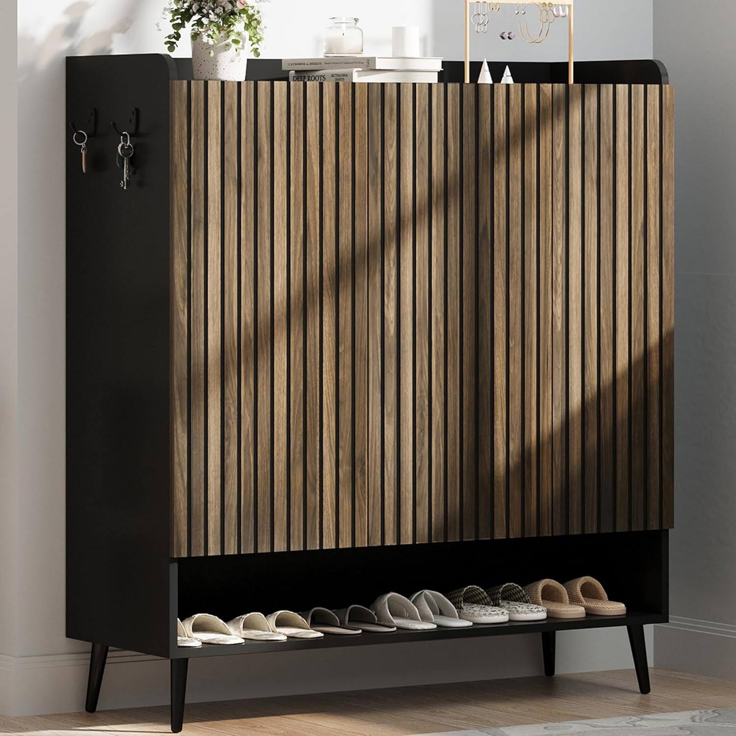 Alt View 4. Homhougo - Shoe Cabinet, Large Shoe Cabinet with 3 Doors, Adjustable Shelves, Shoe Organizer with Doors for Hallway, Entryway, - ‎Black.