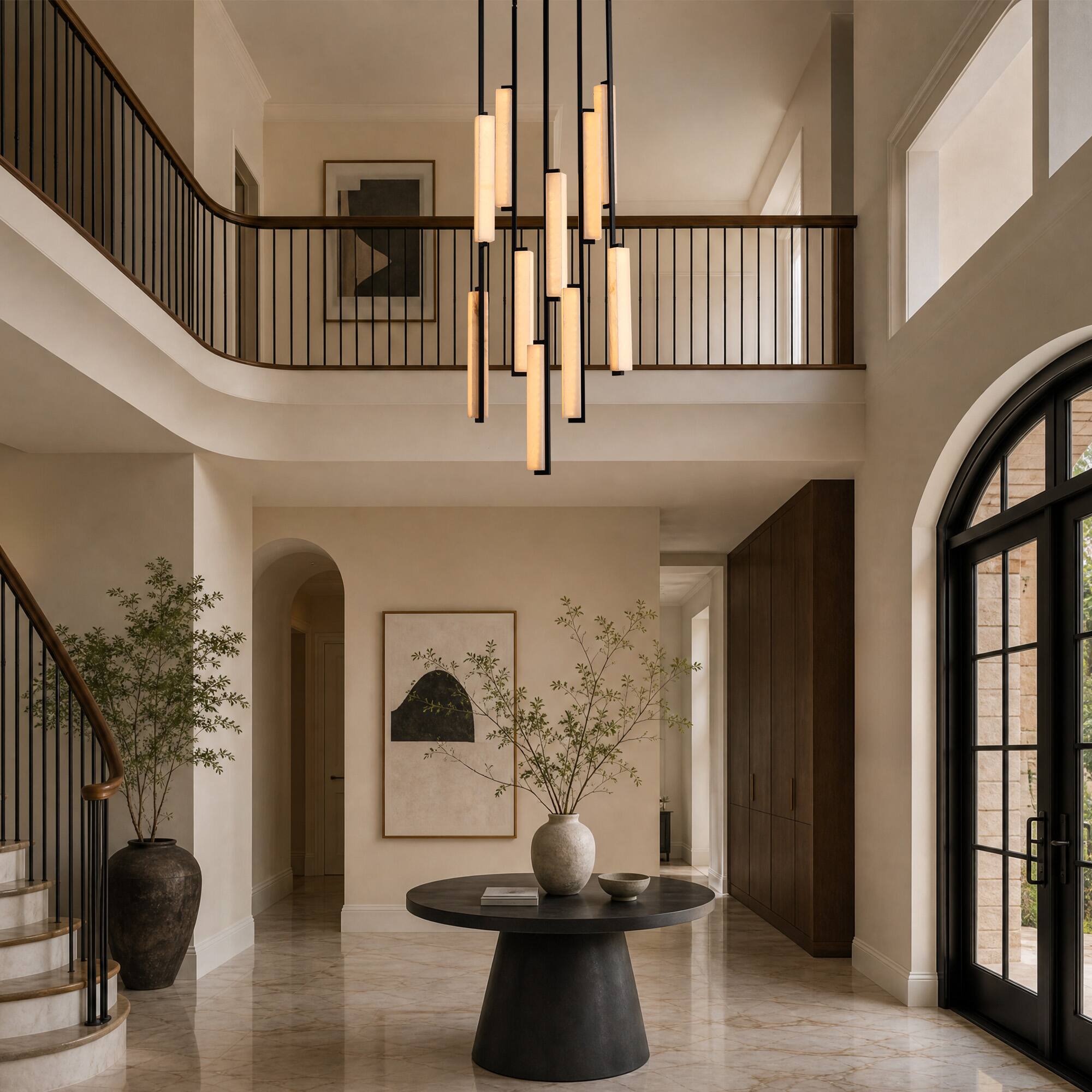 Alt View 2. Siljoy - 24 In Black Alabaster 10-Light LED Staircase Chandelier, 3 Color Changing, for Living Room and High Ceiling Foyer - Black.