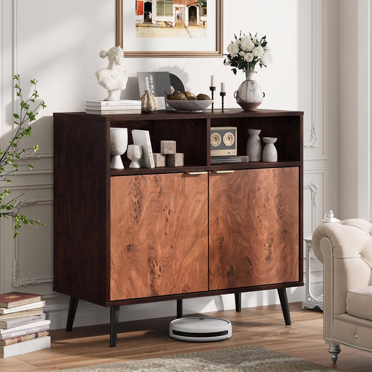 Qeetex - Sideboard Buffet Cabinet with Storage, Wooden Cabinet with 2 Open Shelves, Burl Texture, Coffee Bar for Dining Room - Walnut