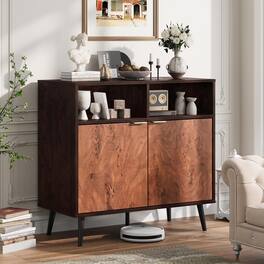 Qeetex - Sideboard Buffet Cabinet with Storage, Wooden Cabinet with 2 Open Shelves, Burl Texture, Coffee Bar for Dining Room - Walnut
