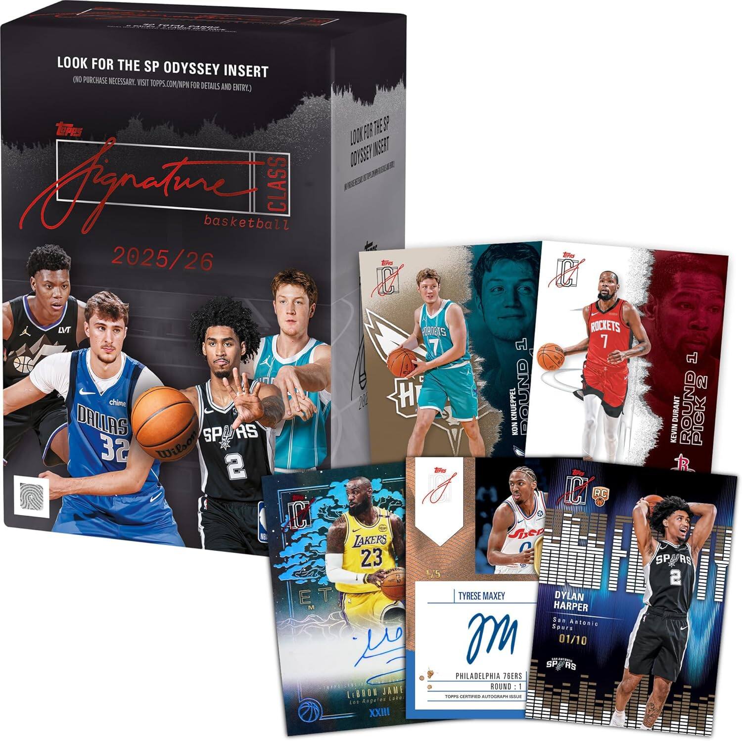 LOOK FOR THE SP ODYSSEY INSERT (NO PURCHASE NECESSARY. VISIT TOPPS.COM/NPS FOR DETAILS AND ENTRY.)  
LPES FOR A TREASURE LOOT 07327 MSEIT Agc CLASS basketball 2025/26 - A R LVT FRNETS ROCKETS 7  
7  
chime H KNUEPPEL OUND DAILAS SPOAS SP AS NEN 32 Wilsor 2 Sde I  
P RC C Sen LAKERS C 23 ET TYRESE MAXEY DYLAN M HARPER am Antonic Sours  
om 01/10 SP SP/RS HS PHILADELPHIA 76ERS  
ROUND 1 LIBRON JAME Soaa C. oddd -. dsgel Lete ... XXIII  
KEVIN DURANT ROUND PICK SP RS 2
